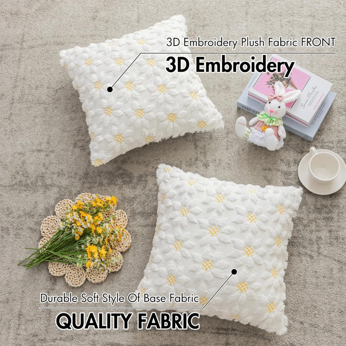CJWLKJ 2Pcs Soft Faux Fur Throw Pillow Covers 18X18 Inch, Farmhouse Decor Yellow Color Flower Heart Sunflower Soft Plush Jacquard Pillow Cases for Sofa Holiday Home Decor