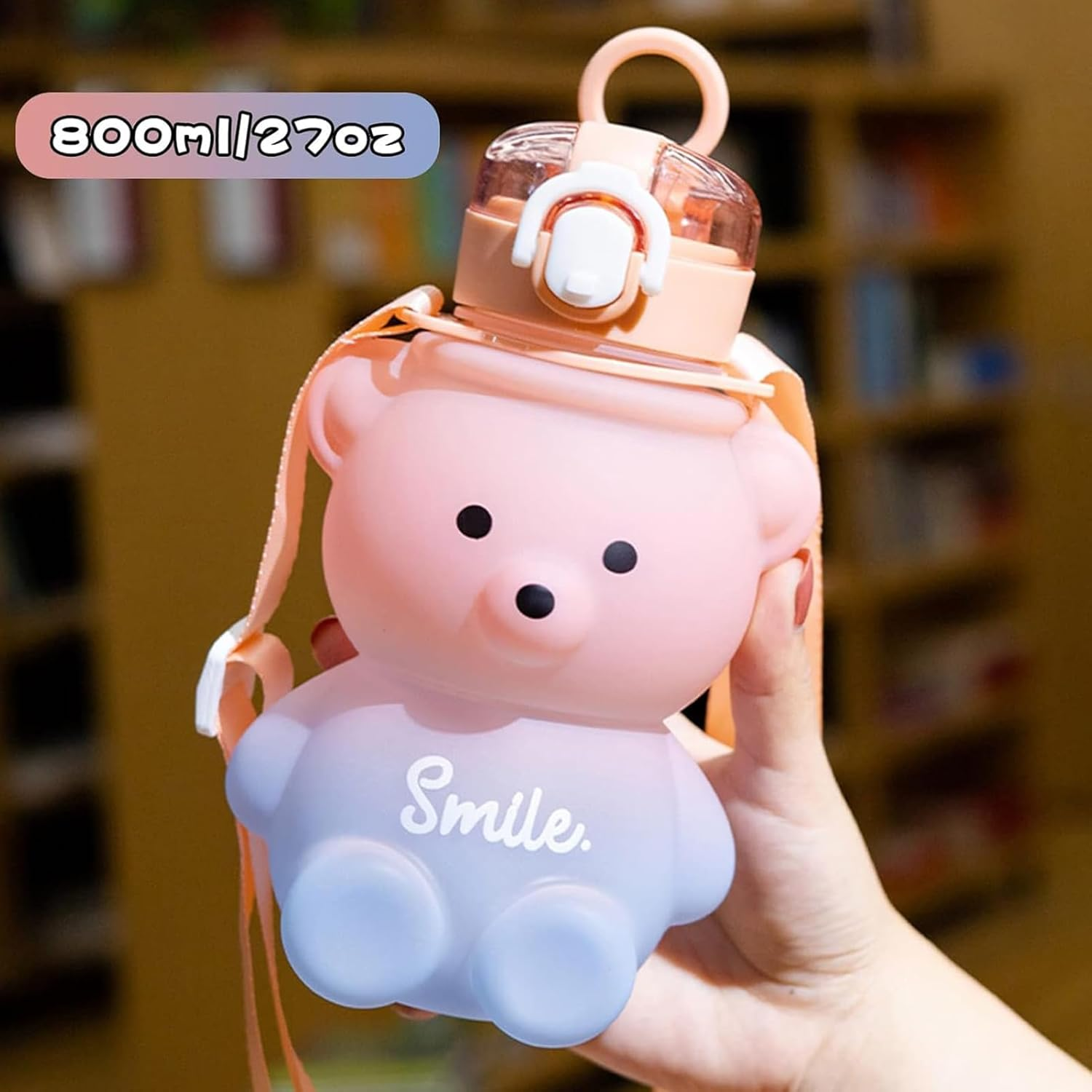 Kawaii Water Bottle Cute Teddy Bear Water Bottles with Straw, Adjustable Strap, Portable Leakproof Bpa-Free Drinking Cups 27Oz for Girls School Sports Travel (Pink/Blue) image number 1