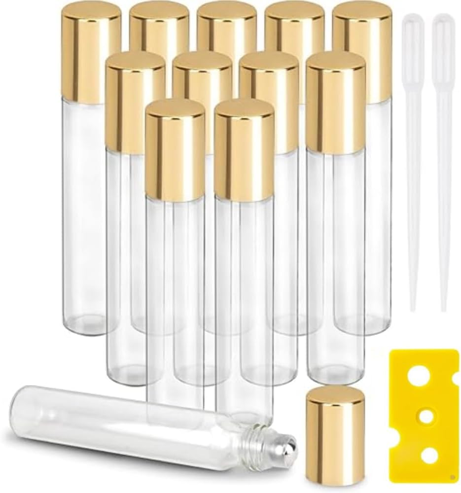 Fabselection Glass Roller Bottles, 12PCS Essential Oil Roller Bottle Refillable Empty Glass Bottle with Stainless Steel Rollerball, 1PC Opener and 2PCS Dropper Refillable Glass