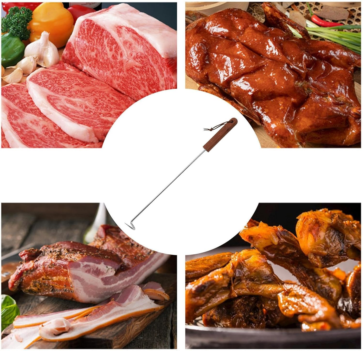 Meat Hook Flipper - Meat Turner Hook - Cooking Gadget, Food Twister with Wooden Handle for Grilling image number 2