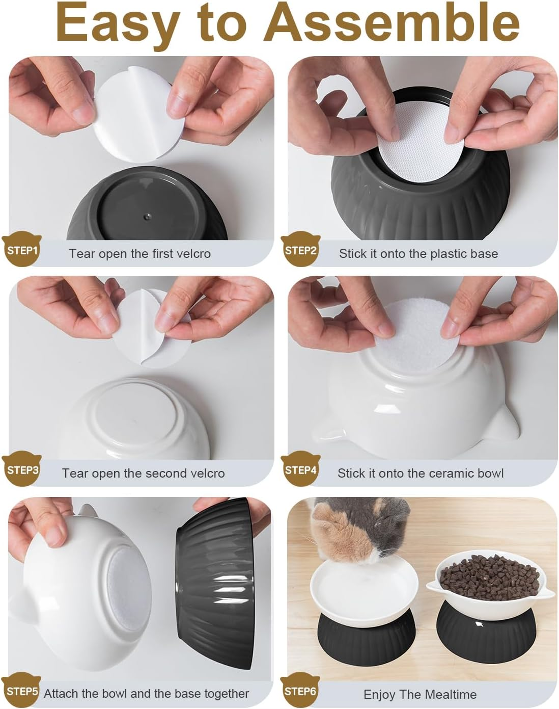 2 Ceramic Raised Cat Food and Water Bowls, Elevated Pet Bowl Set for Indoor Cats and Small Dogs, Anti-Vomiting Feeder with Plastic Base, Dishwasher Safe, Black - Black image number 5