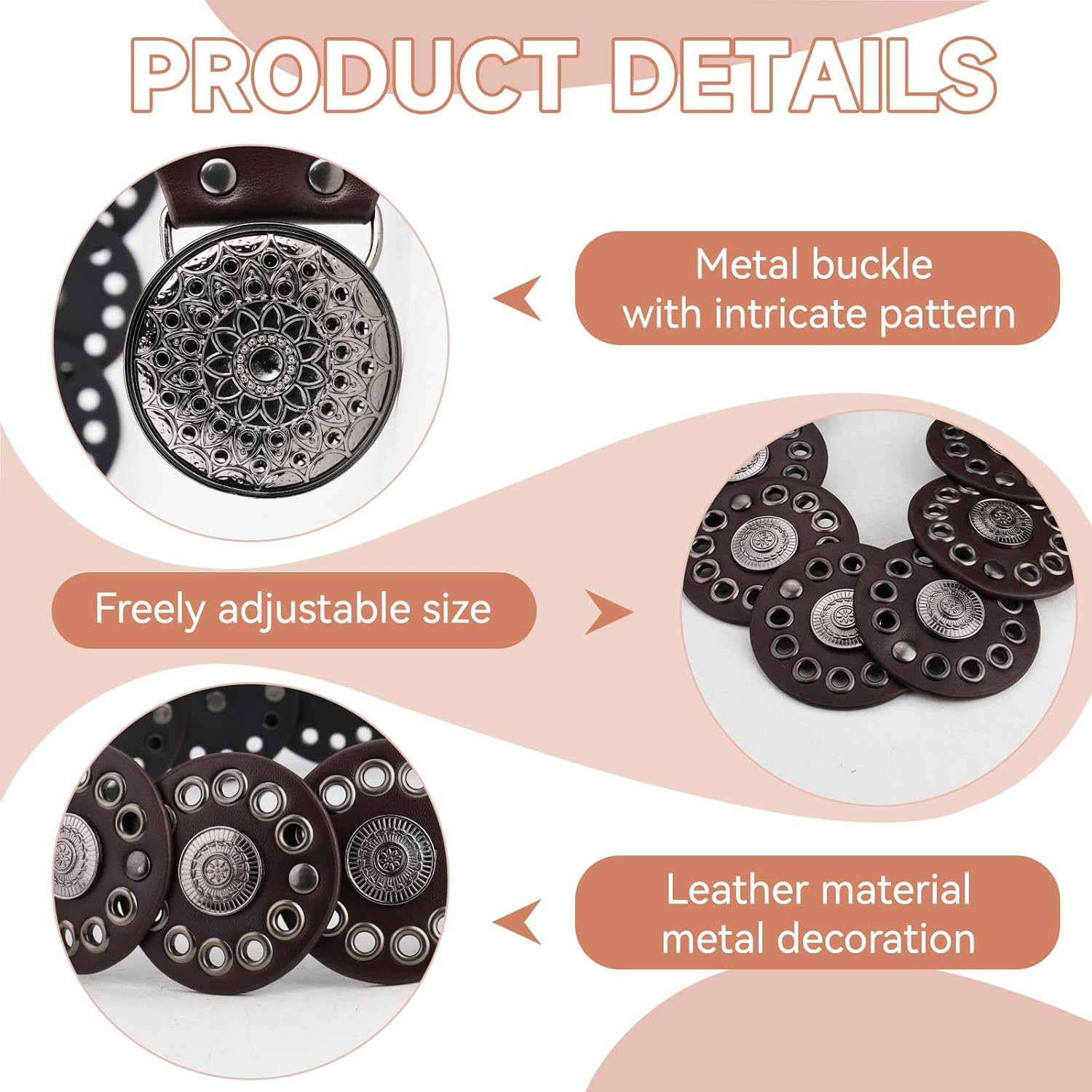 PU Leather Boho Belt, Hollow Disc Belt Women, Vintage Belts for Women Trendy, Adjustable Western Belts for Woman, Fashion Accessories