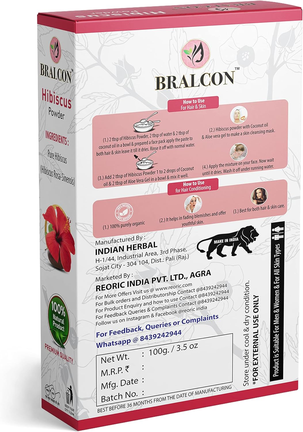 BRALCON Methi, Amla, Shikakai, Bhringraj, Hibiscus Powder Combo-500G (100G X 5 Pack) for Hair & Skin Care in Seperate Packaging image number 6