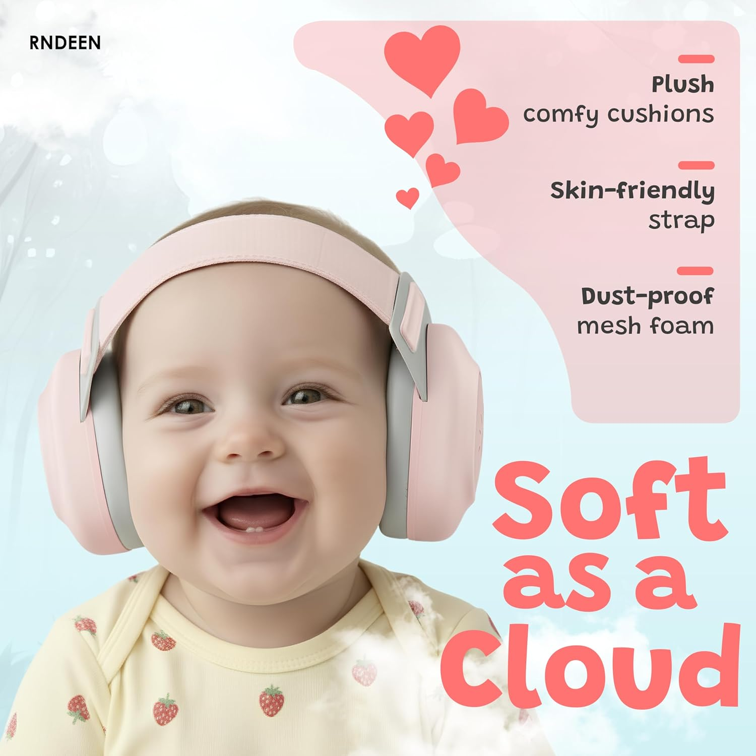 Rndeen Pro Baby Ear Muffs for Noise Protection 25Db Noise Reduction for Infants 0-48 Months CE & ANSI Certified Adjustable Ergonomic Ultrasoft Anti-Slip Safe Soothing Travel Sleep (Pink) image number 2