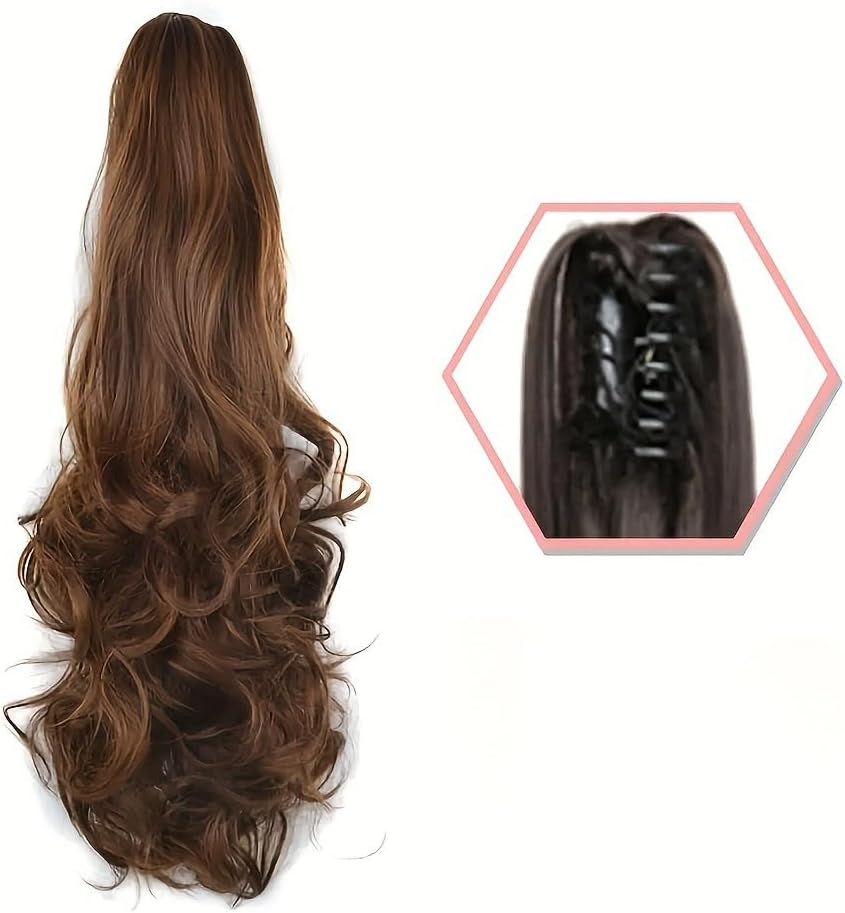 20In Long Wavy Dark Brown Hair Extension, Clip-In Synthetic Curly Hairpiece, Heat Resistant Fibre for Women, Natural Looking Volume and Length image number 2