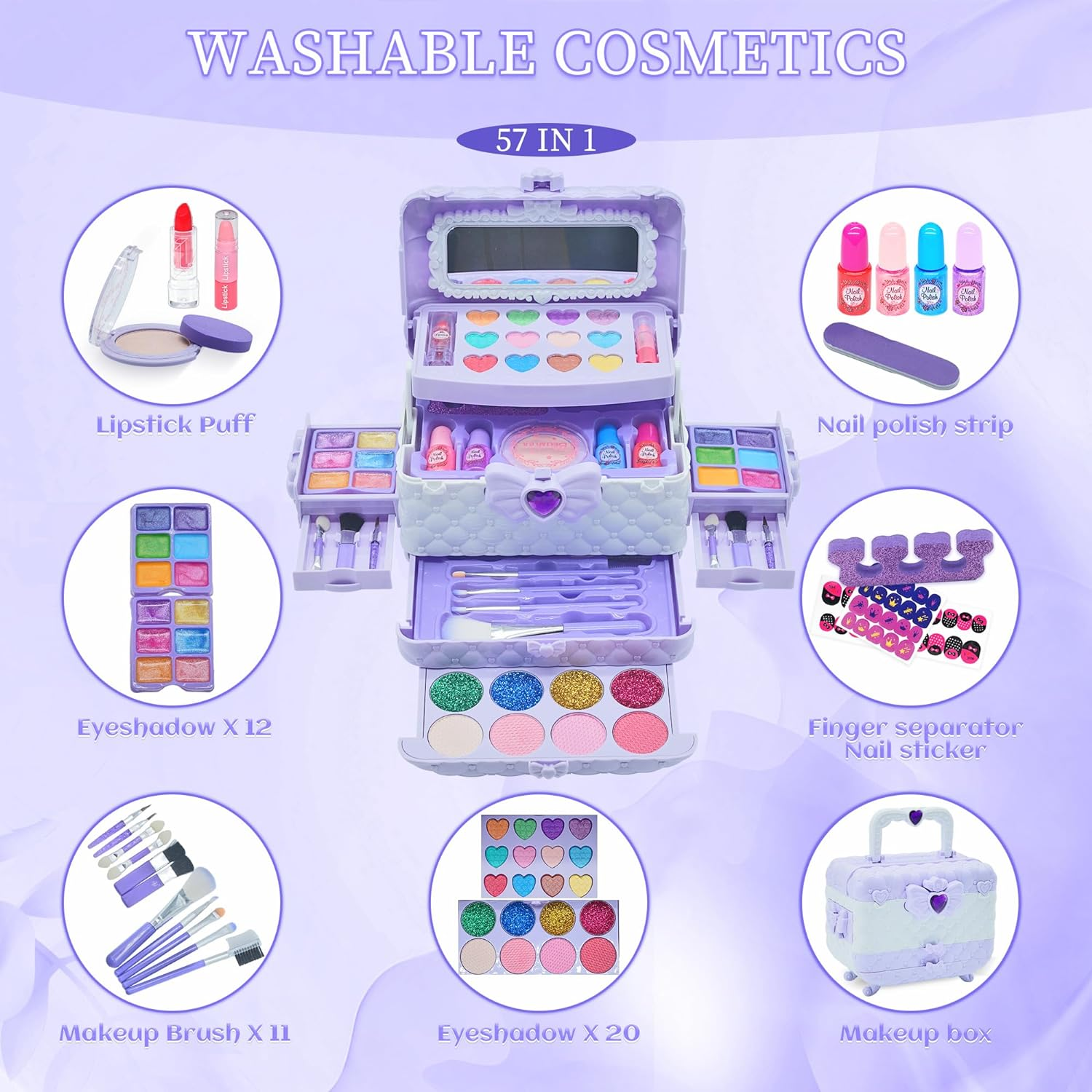 Kids Makeup Kit for Girl - 57PCS Kids Toys Make up Set,Non Toxic & Washable Little Girls Toddler Toy,Princess Toys Play Makeup for Children Age 4-12 Years Old,Teen Christmas & Birthday Gifts (Purple) image number 5