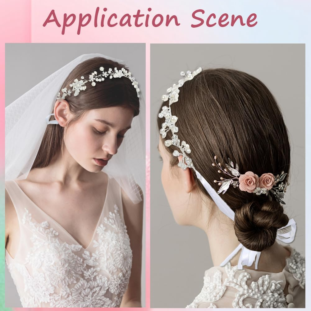 CABODYALS White Flower Pearls Hair Crown Silver Beads Vines Headpiece Vintage Boho Fairy Beads Headband Crystal Bridal Jewellery Headbands for Women Wedding Hair Dresses Birthday Party Accessories image number 3