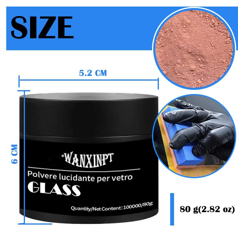 WANXINPT Glass Polish 2.82Oz (80G) Cerium Oxide High Grade Glass Polishing Powder - TREO 99% - 3.5 Microns, Scratch Remover, Polishing Compound (For All Glass Polishing)