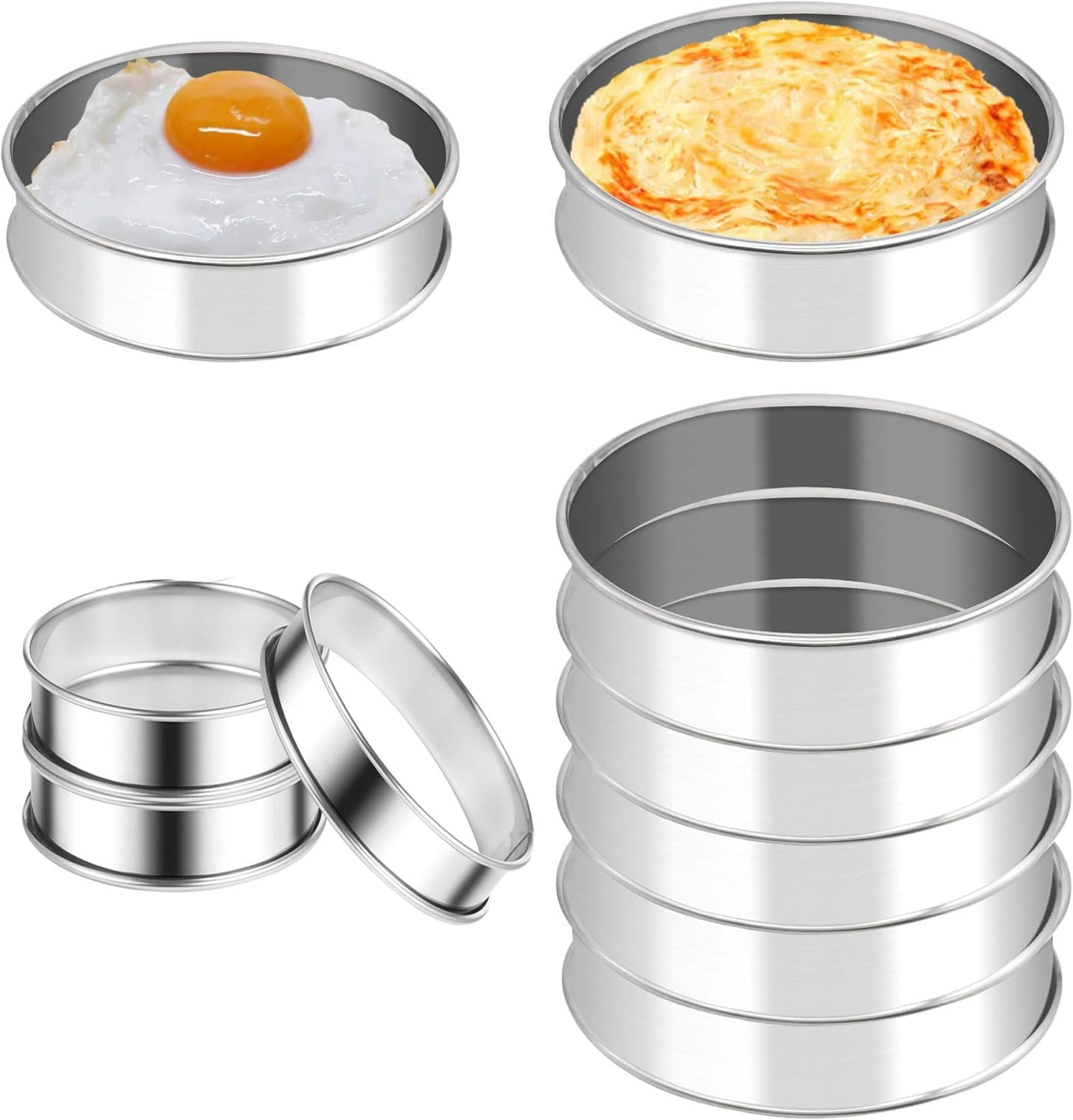 Aufondof 8 Pack 4 Inch Metal English Muffin Rings Double Rolled Nonstick Pastry Ring Mold Stainless Steel Muffin Tart Rings for Dessert Food Making Tool Kitchen Baking image number 2