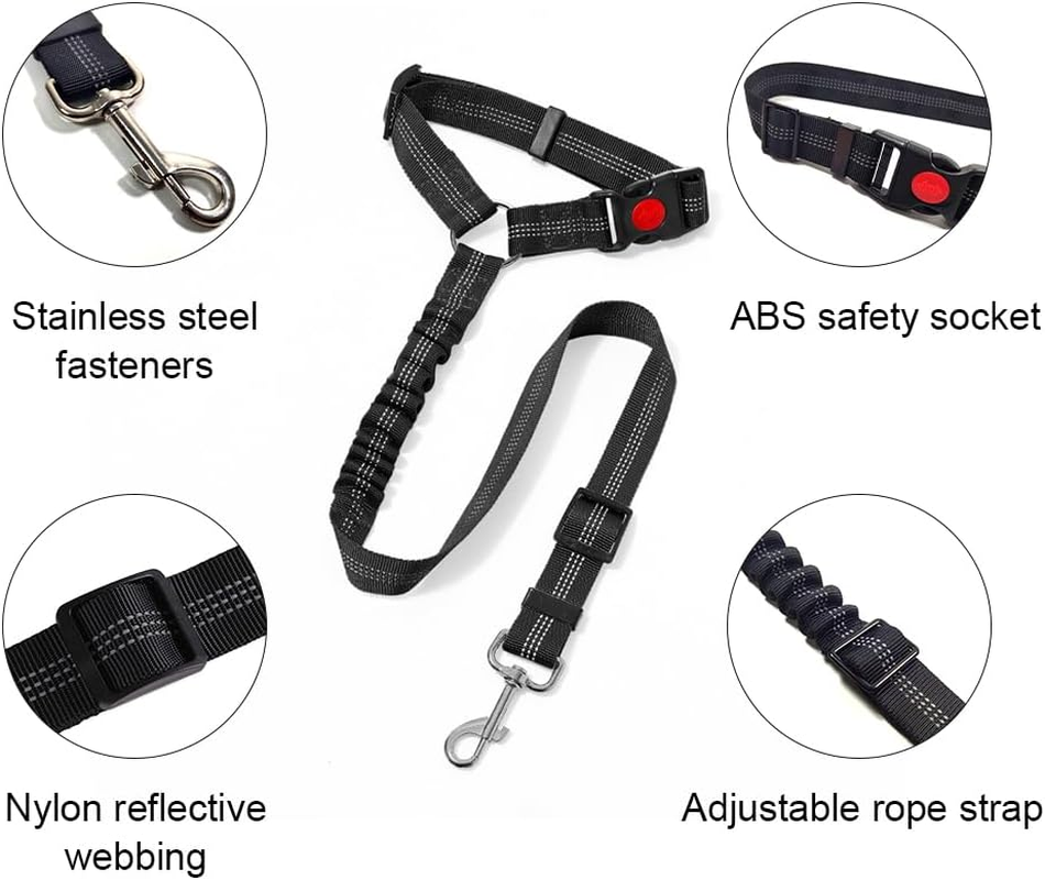 Dog Seat Belt for Car, Safety Harness Dog, Adjustable Seat Belt with Elastic Cushioning, Safety Belt for All Dog Breeds and Car Types, for All Dog Breeds and Cats, Black image number 1
