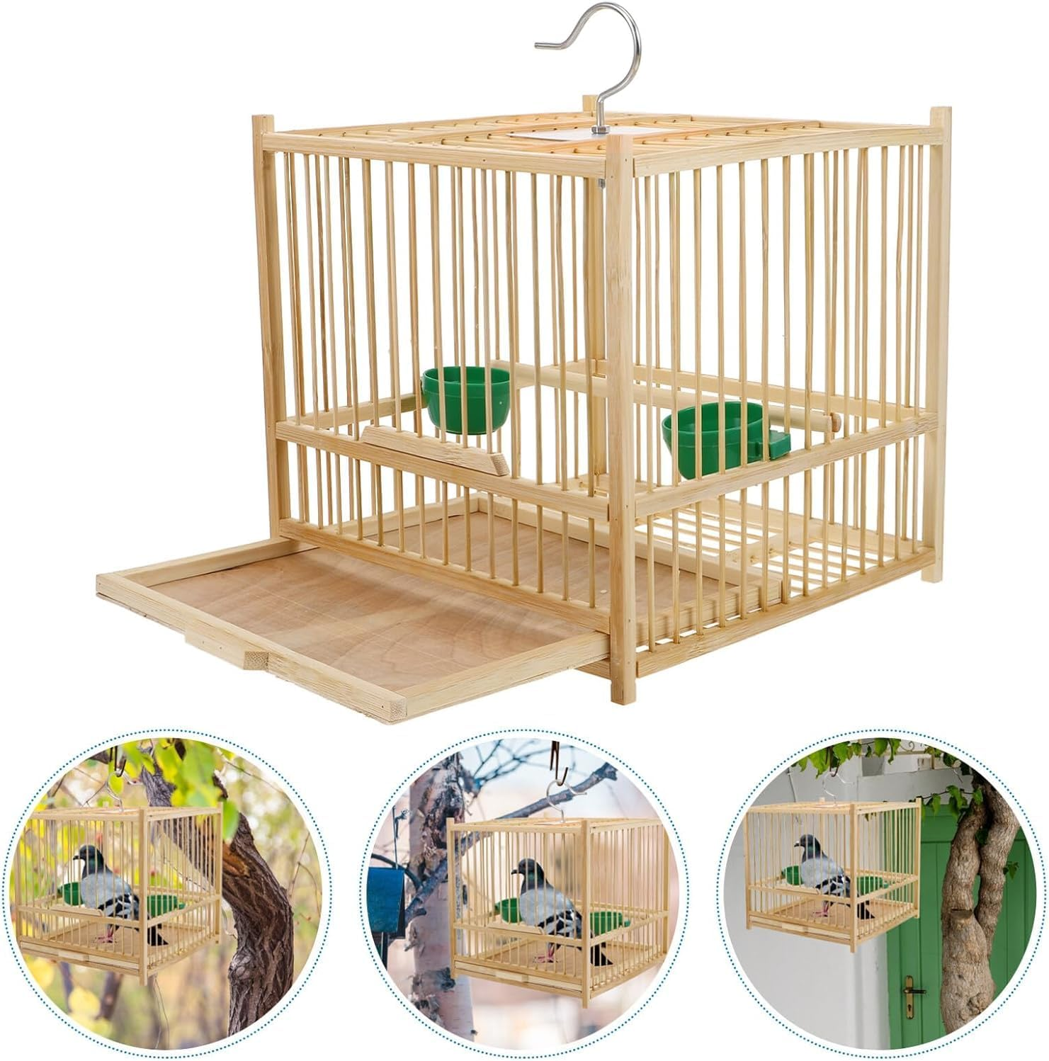 WADY 1Set Bamboo Bird Cage, Bamboo Handmade Boutique Birdcage, with Feeder Plastic Hanging Bird House Carrier, Small Parrot Cage Budgie Lovebird Cockatiel Carrier for Tray and Handle image number 1