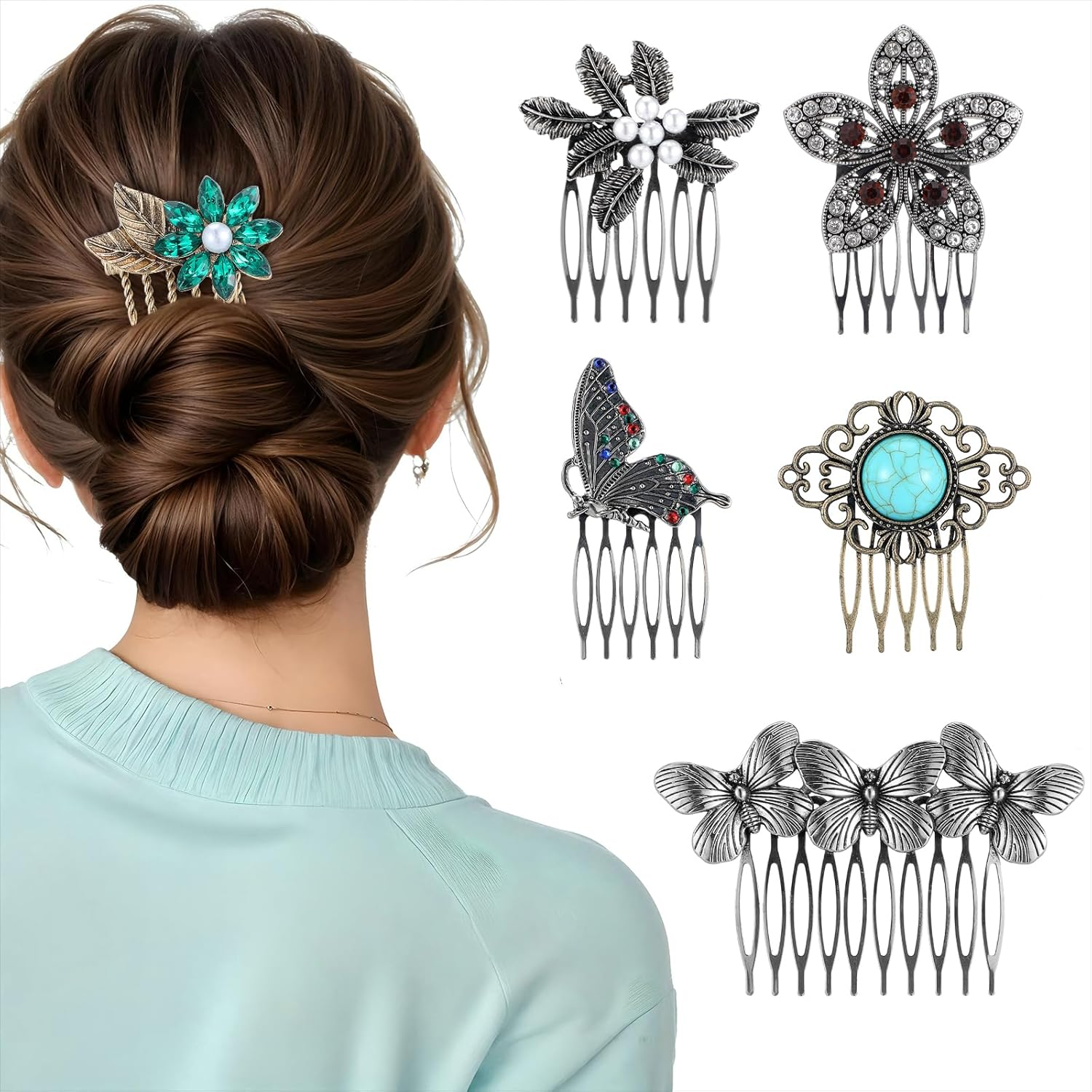 Mabor Pack of 6 Vintage Hair Combs for Clip-In, Cute Ladies, Butterfly French Comb, Zinc Alloy Hair Comb, Rhinestone Hair Comb for Women with Thin and Thick Hair (6 Styles, 6 Sizes) image number 3