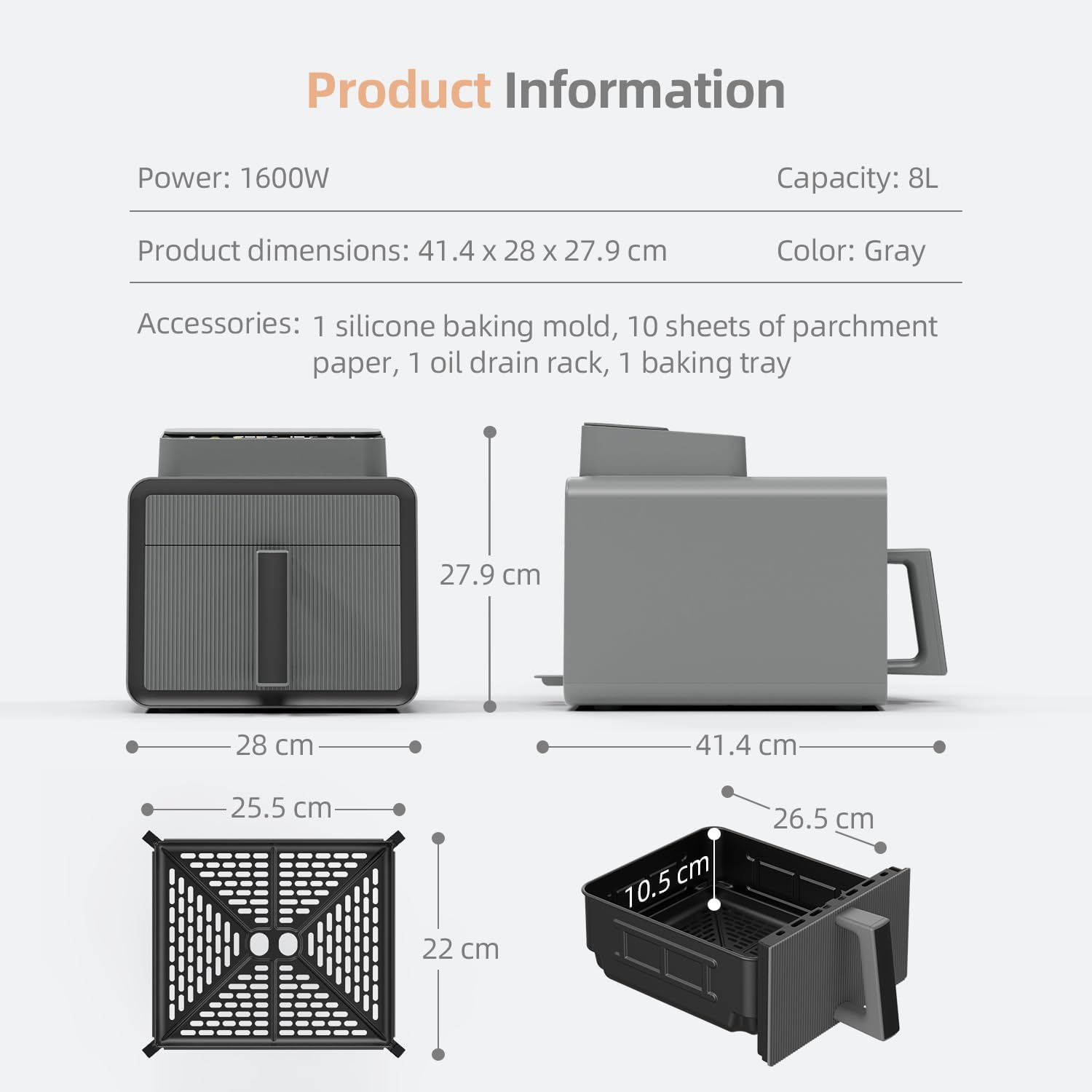 PAYISHO Air Fryer Oven 8L Capacity 10-In-1 with Viewing Window, Timer and Temp(60&deg;C-200&deg;C),Oil Free,Non-Stick, Bake, Roast, Grill,Reheat,1600W, Dishwasher Safe Basket,Gray