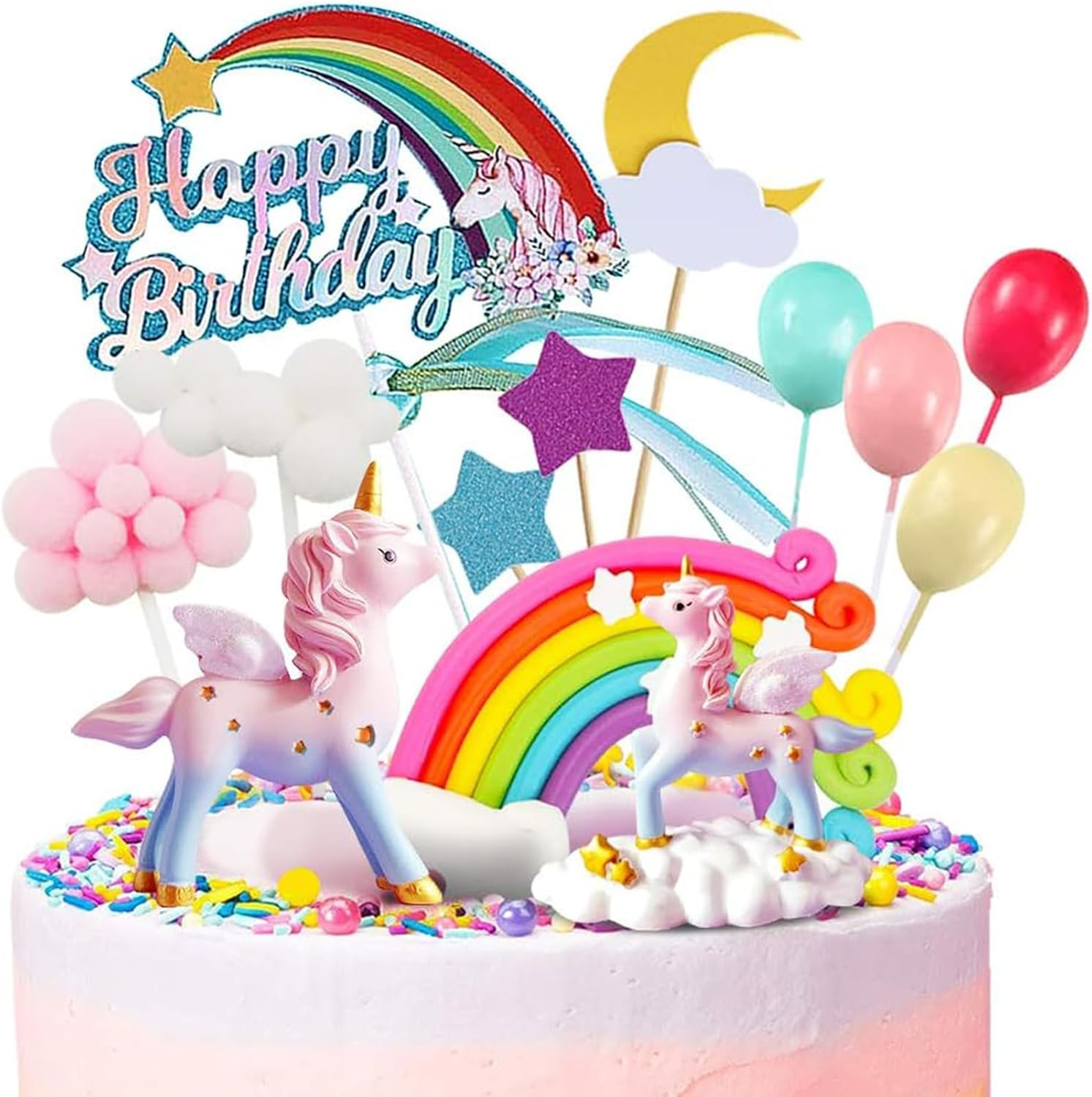 23Pcs Unicorn Cake Topper Kit, 2 Magic Unicorns Sculpture, 1 Rainbow, 1 Happy Birthday Banner, 2 Cloud, 4 Balloon, 12 Stars 1 Moon Happy Birthday Cake Decoration for Boy Girl Kid Women Birthday Party image number 6