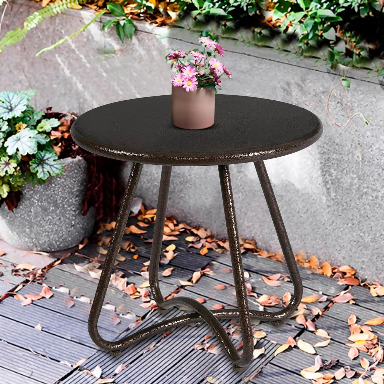 YIYAN Patio Small Side Table Waterproof round Metal Steel Weather Resistant Portable Outdoor and Indoor End Table for Garden Balcony Yard(Brown) image number 1