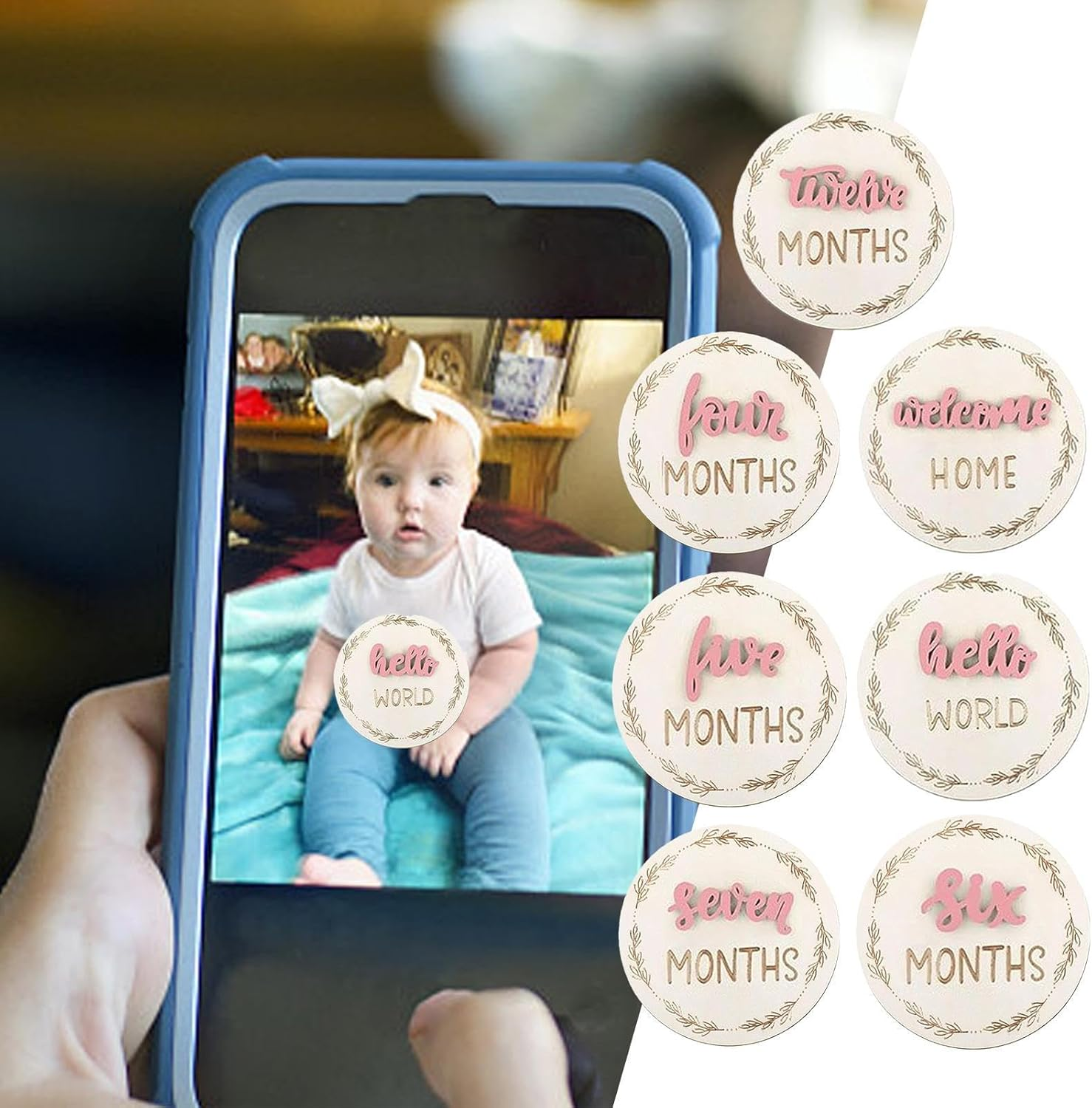 Baby Growth Cards, Double Sided Baby Announcement Sign - Decorative Month Marker Discs, Wooden Birth Growth Cards Photo Props for Boys Girls image number 5