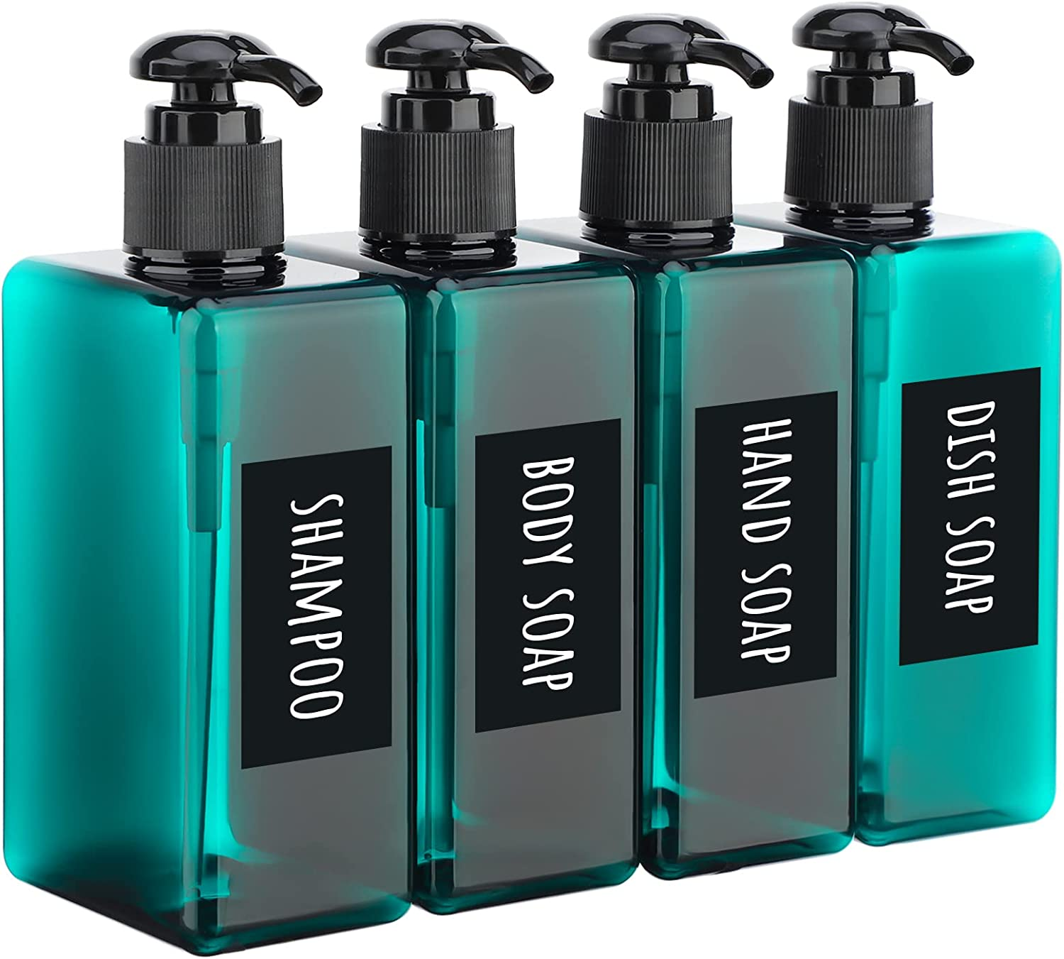 Segbeauty Plastic Pump Bottles, 280Ml 4Pcs Empty Lotion Bottles with Pump, Shampoo Dispenser Set with Labels, Countertop Plastic Soap Dispenser for Bathroom Kitchen Sink, Peacock Blue image number 4