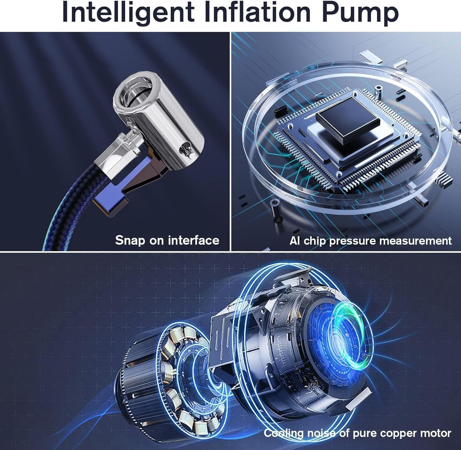 JOZUTTOW Digital Tyre Inflator, Portable Air Compressor Car Tyre Pump with 3 Nozzle Adaptors and Digital LED Light 12V Rapid Tyre Inflator Air Compressor for Car Tires, Bicycle, Motorcycle image number 6