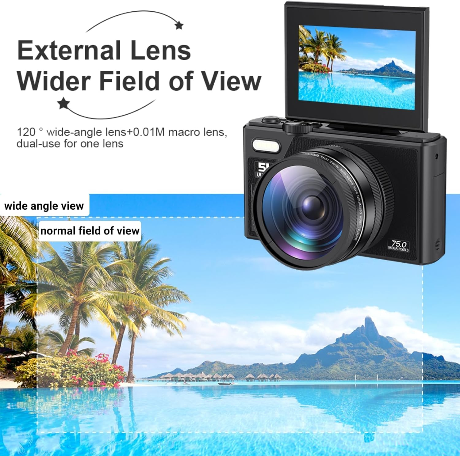 5K 75MP Digital Camera, with 18X Optical Zoom Stabilization, 3 Inch Flip Screen, Retro Digital Camera, Compact Camera, for Travel Photography Vlogging Family image number 1