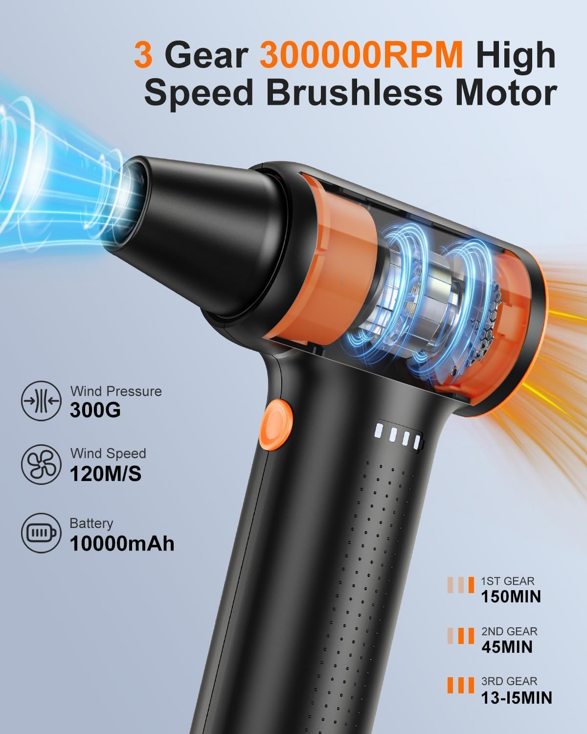 Electric Air Duster, High Speed 300000RPM, 120M/S 3 Gear, 10000Mah Rechargeable Cordless Air Blower, Turbo Fan for PC Computers, Car Electronics image number 1