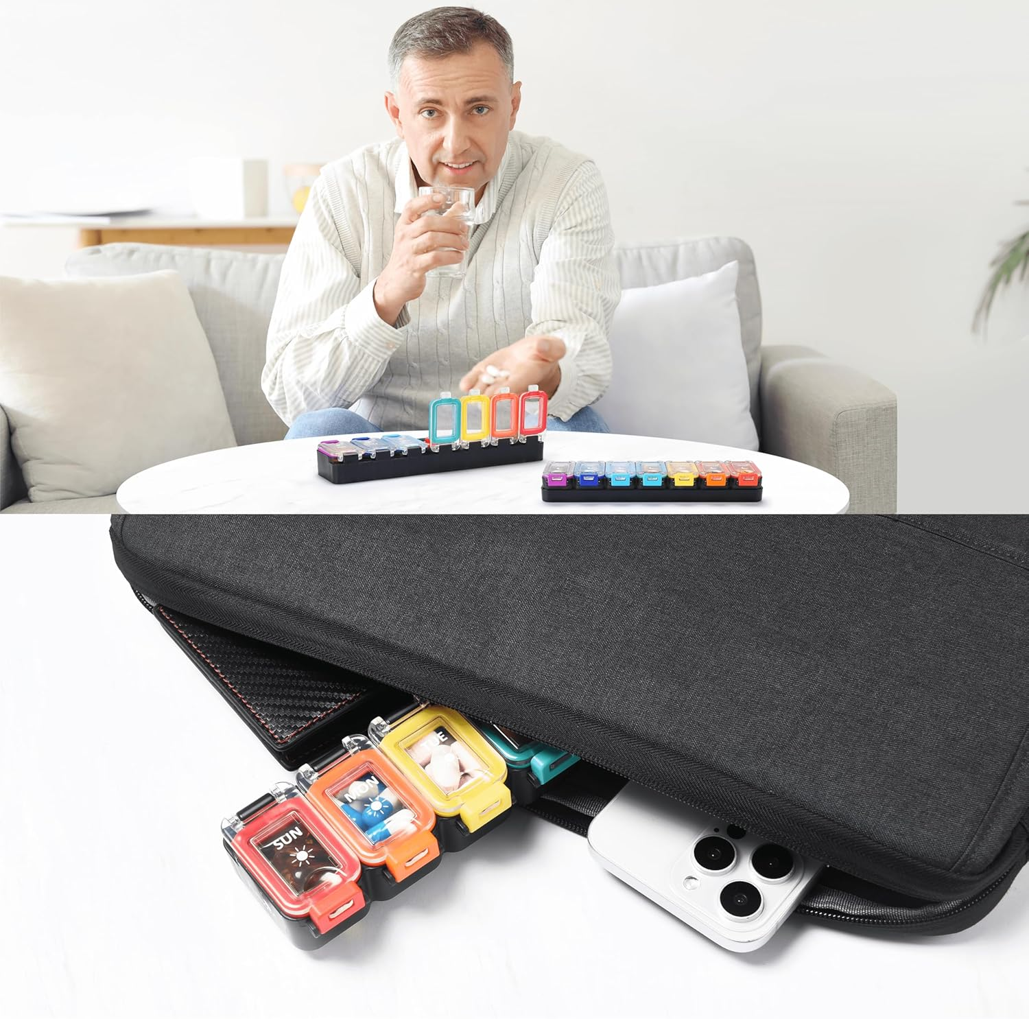 Fullicon Moisture Proof Pill Organiser 2 Times a Day, Large Pill Box 7 Day, Spill Proof Pill Organizer, Travel Pill Container, Medicine Pill Case with Secure Lids, Daily Pill Organizer (Rainbow Black) - Rainbow Clear image number 7