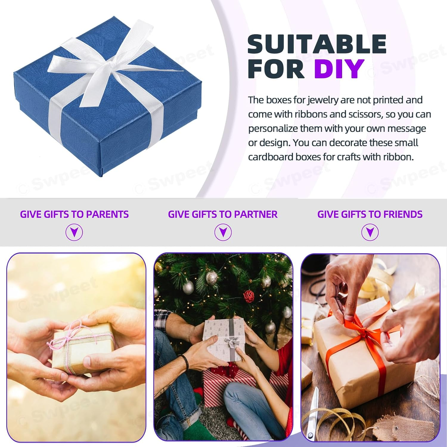 Swpeet 17Pcs 2.95 X 2.95 X 1.2Inch Sapphire Blue Fan Pattern Cardboard Jewelry Gift Boxes with Scissors and Polyester Ribbon Assortment Kit, Necklace Earring Bracelet Boxes Gift Case for Jewelry