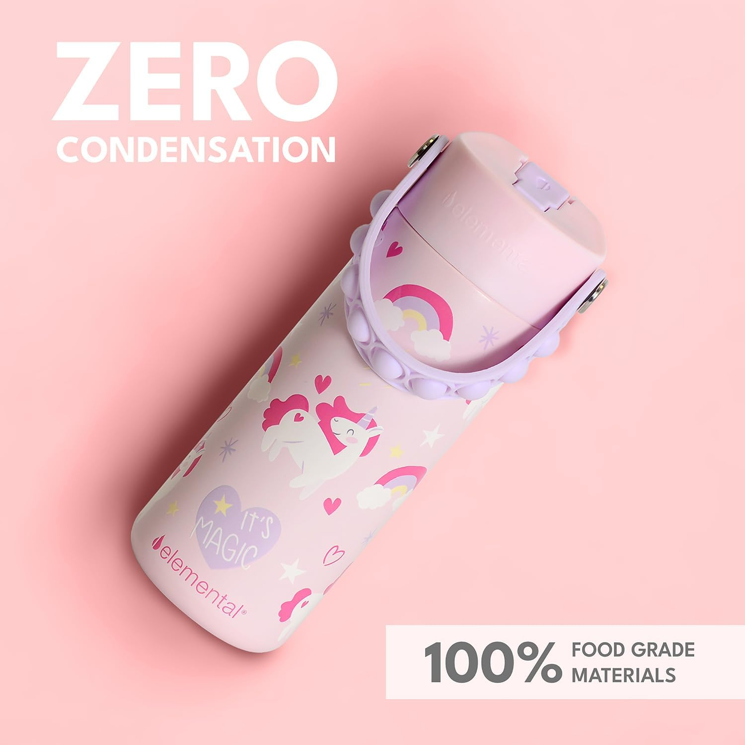 Elemental Insulated Kids Water Bottle, Stainless Steel Bottle with Straw Lid & Stress Reliever Pop-It Handle, Leak-Proof Bottle for School, Travel & Sports, 530Ml Unicorn Magic - Orange Tie Dye image number 4