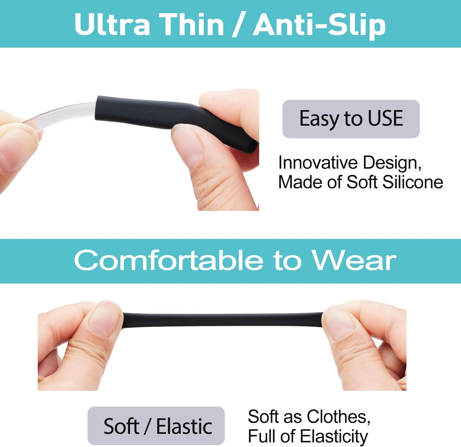 Anti-Silp Glasses Ear Cushion, Silicone Eyeglasses Temple Tips Sleece, Soft Glasses Ear Grip, Comfort Eyeglass Ear Cushions, Eyeglass Ear Grips for Men, Women, Glasses Accessories (3 Black Pairs) image number 2