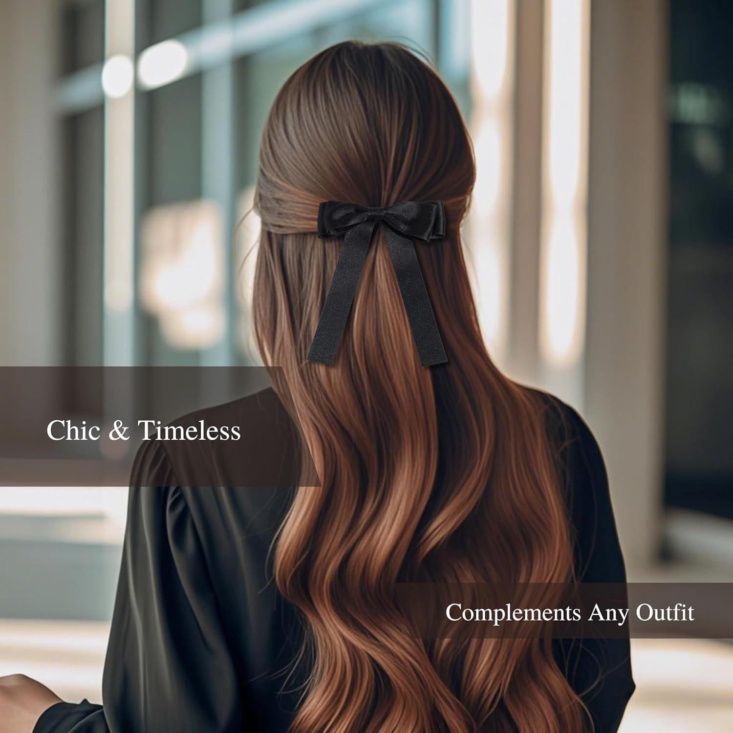Elegant Black Satin Hair Bow for Women &ndash; 2Pcs Ribbon Bow Clip - Half Up, Ponytail, and Braided Hairstyles &ndash; Fashionable Hair Accessories for Daily Wear, Parties, and Special Occasions (Black) image number 4