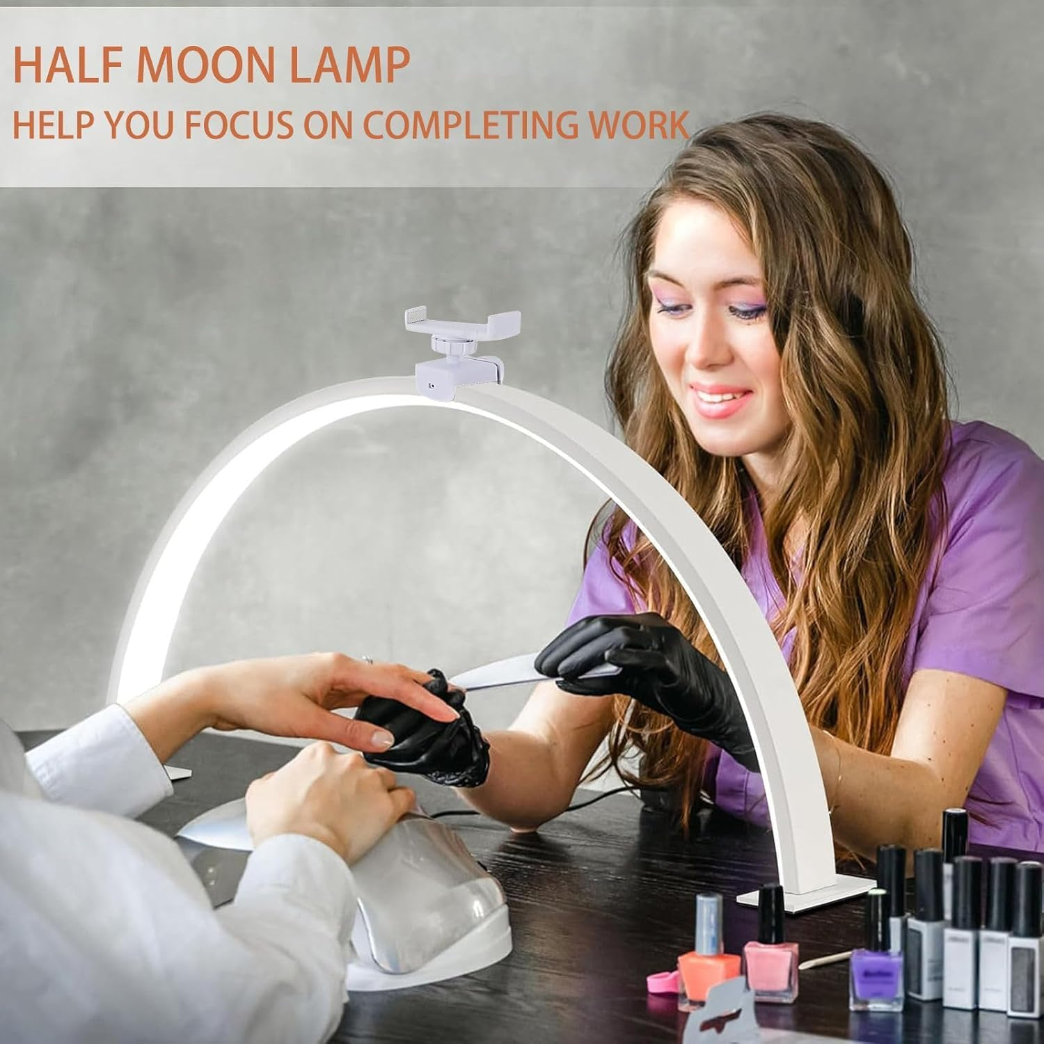 Half Moon Light for Nail Desk, 55CM Nail Table Lamp with Phone Holder, Leds Light for Beauty Manicure Eyelashes Tattoos Beauty Crafts Reading Spa with 3 Color Temperature (Crystal Diamond) - Pink image number 5