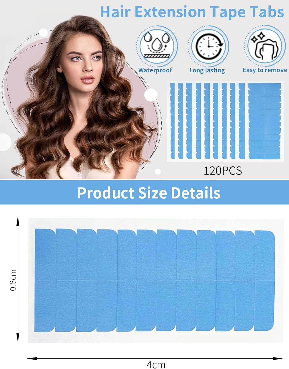 120 Pieces Hair Extension Tape Tabs Double Sided Extension Tapes, Hair Shop Smart Tabs Tape-In Hair Extension Tape for Replacement, Professional Strong No-Residue Bonding Tapes (4Cm X0.8Cm) (120PCS)