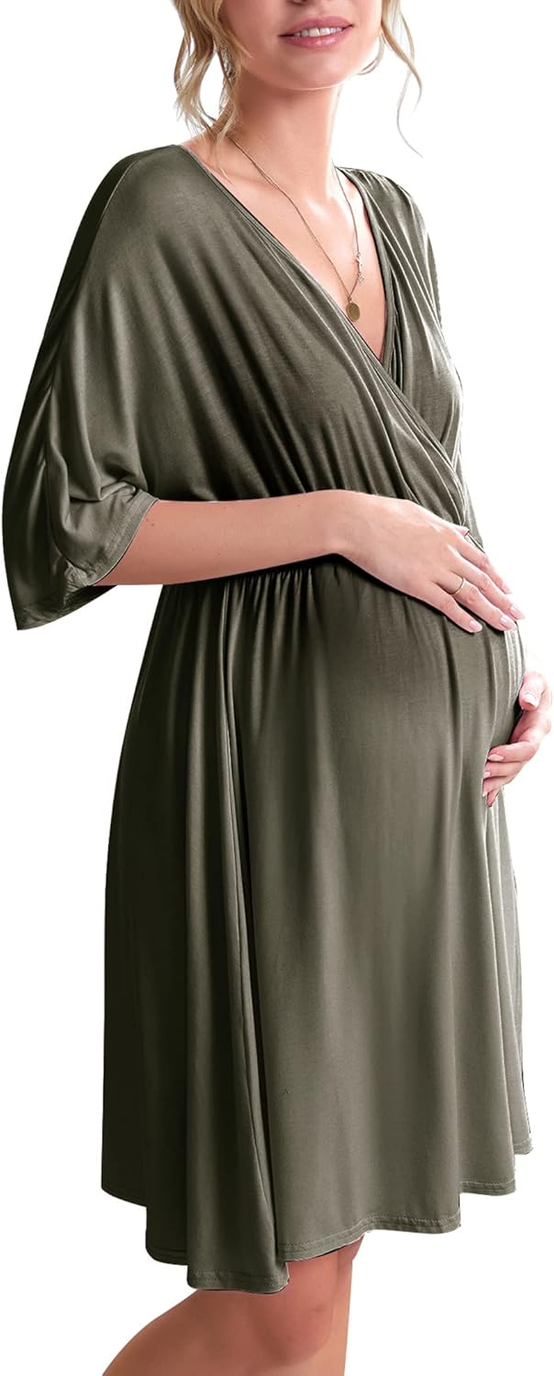Ekouaer Women Maternity Nursing O-Neck Short Sleeve Blend Tie Front Pregnant Sleepwear Dress S-XXL