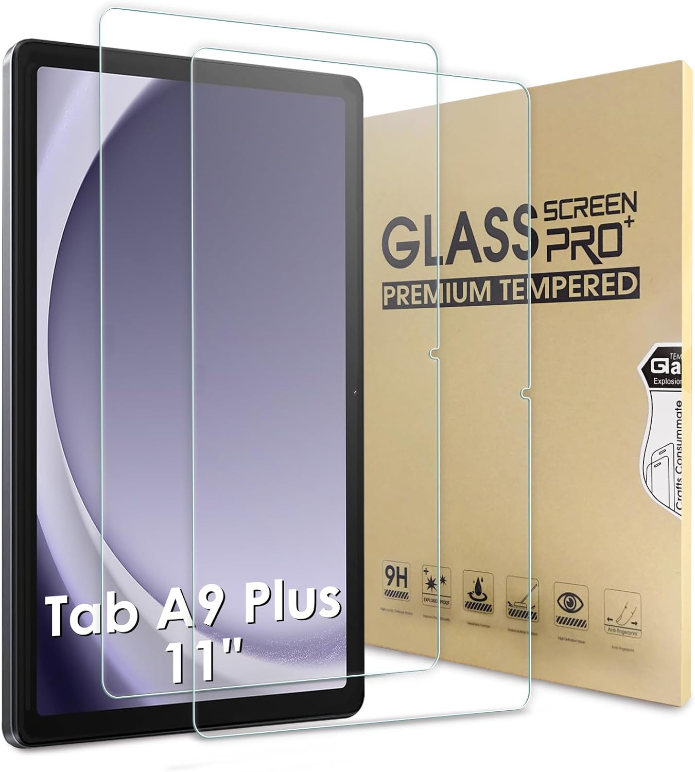 Bighan 2 Pack Screen Protector Compatible with Samsung Galaxy Tab A9 plus 11 Inch, 9H Hardness Tempered Glass Film Clear Anti-Bubble Full Coverage Foil