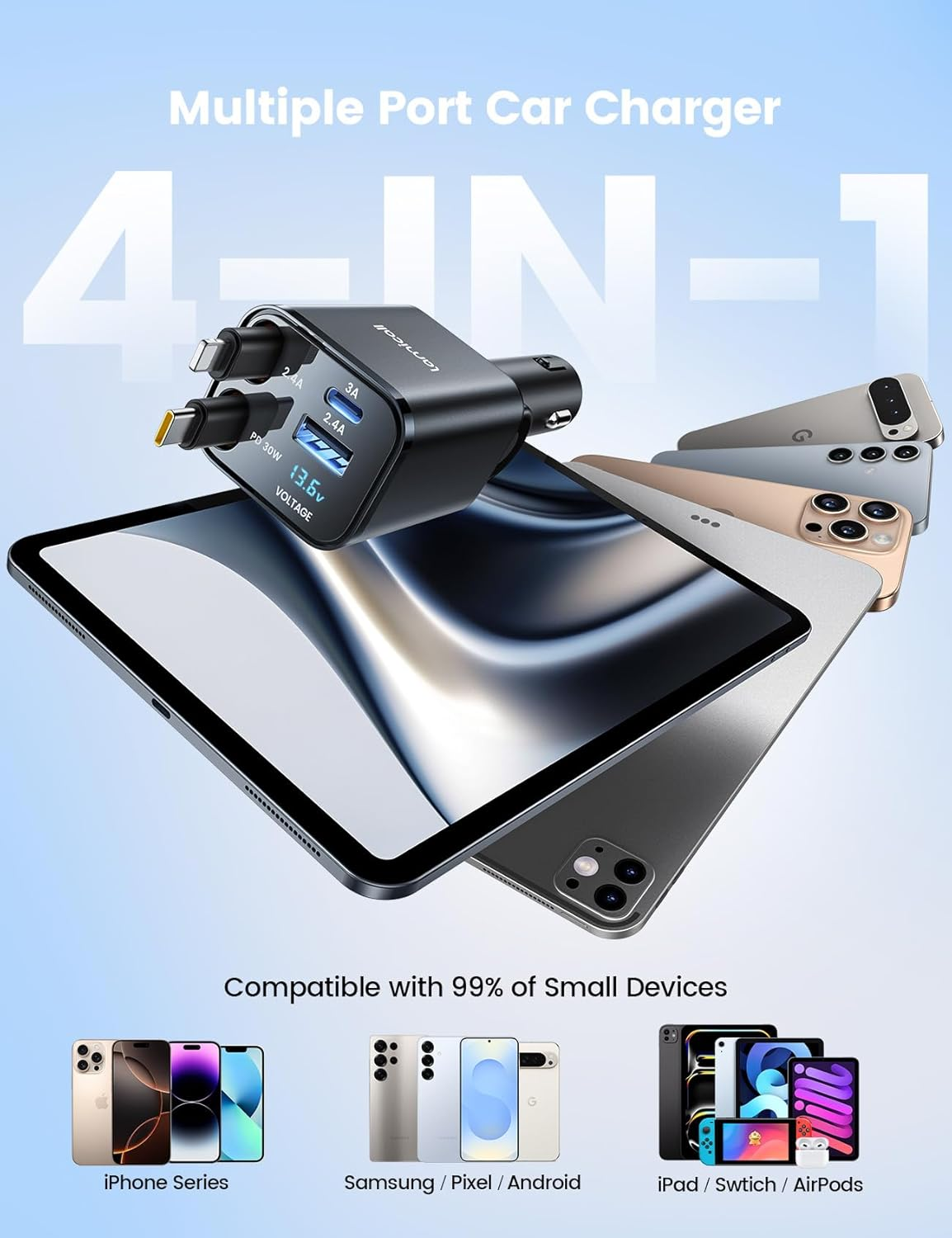 Lamicall Retractable USB C Car Charger, 69W [Upgrade-Compact] 4 in 1 Car Phone Charger Adapter with Bult in 31.5In Retractable Cable for Iphone 17 Pro Max Air/16/15/14/13/12/11, Galaxy, Pixel, Airpods image number 3