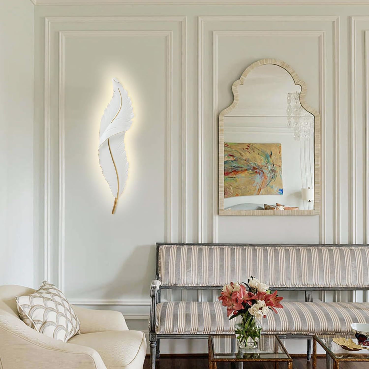 LED Feather Wall Sconce Nordic White Wall Light Living Room Wall Lamp, Creative Resin Wall Mount Lighting Fixture for Bedroom Restaurant Home Indoor Wall Wash Lights XXZ image number 4