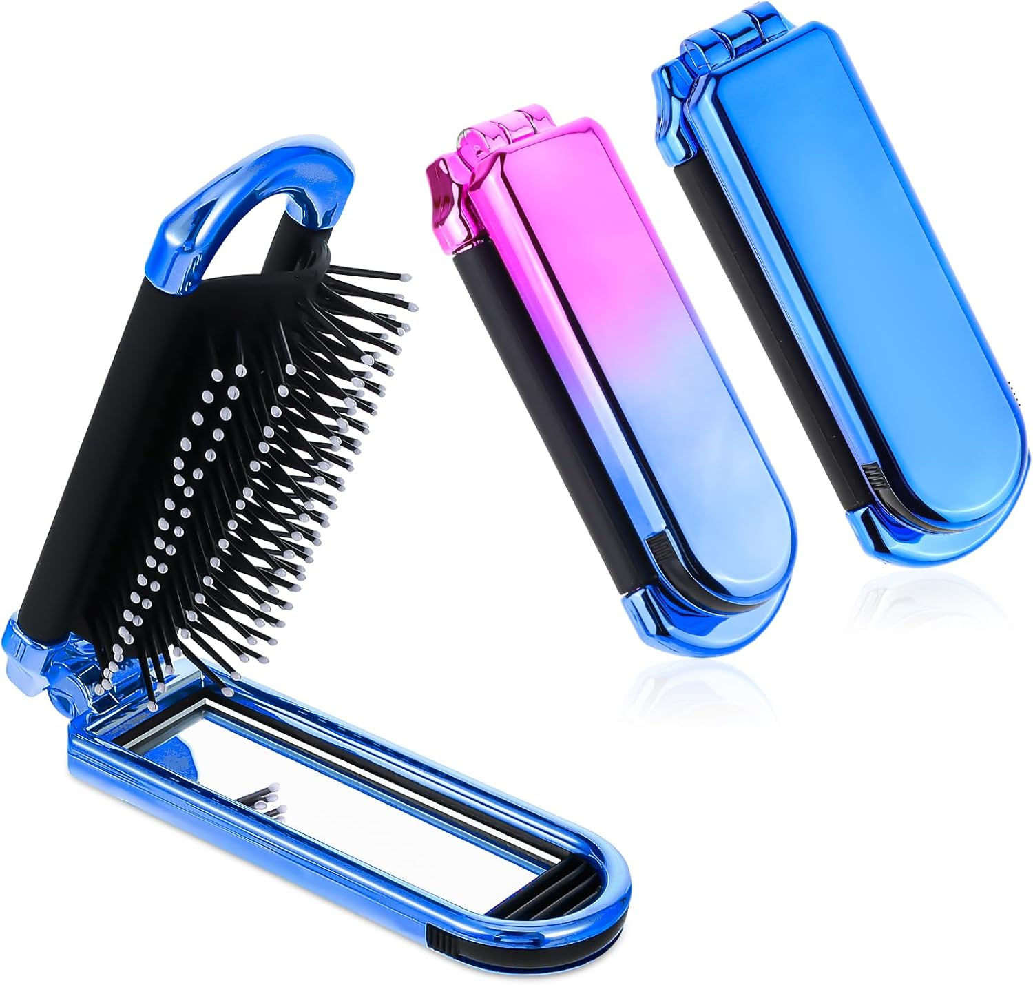 Travel Hair Brush with Mirror, Pack of 2, Foldable Wet Hair Brush, Hair Massage Comb in Travel Size, Compact Hair Brush for Women and Men, Hair Styling Tools (Pink & Blue) image number 4