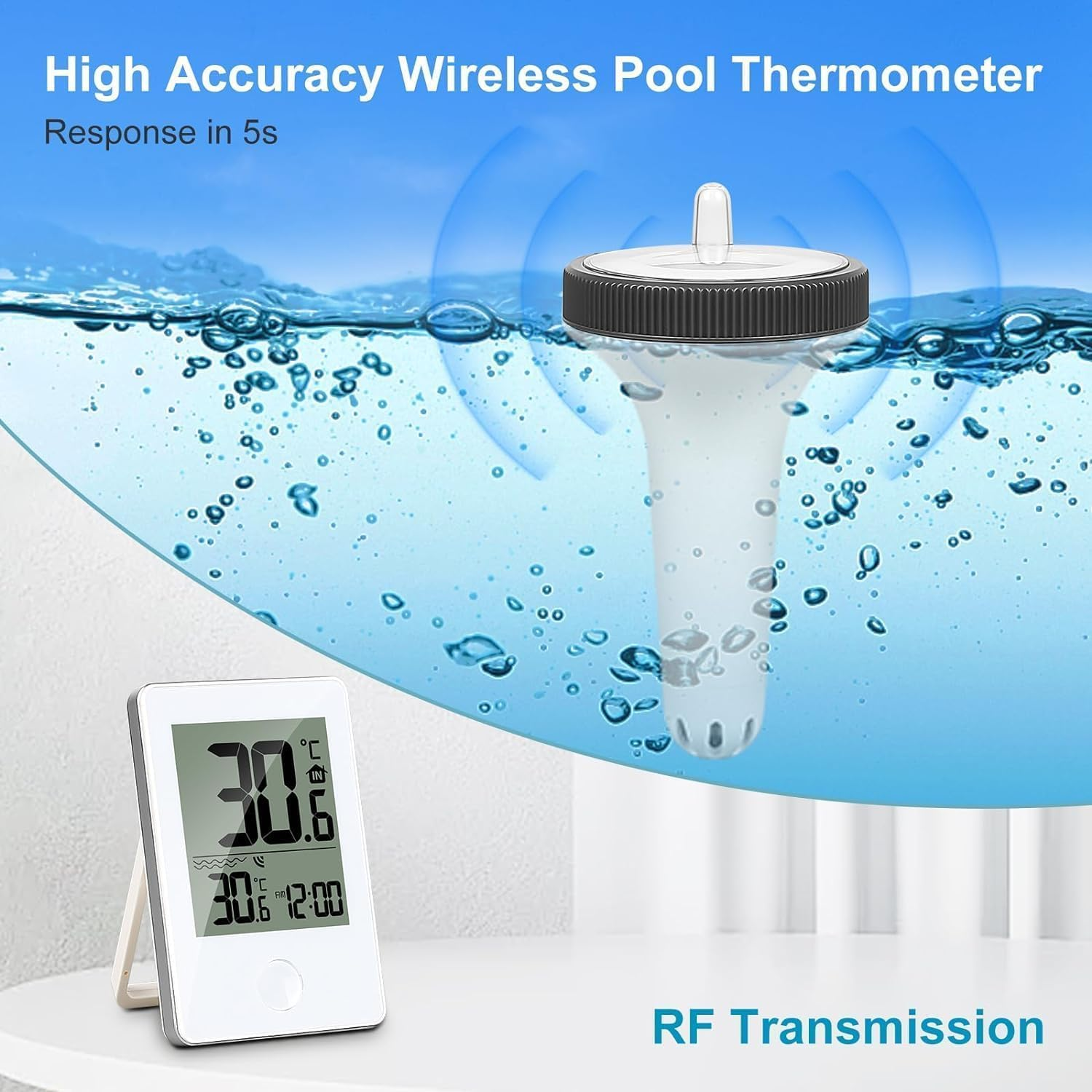 Pool Thermometer Floating, Solar Energy, Easy Read with Indoor Temperature, Humidity Monitor Wireless, Digital Pool Thermometer, IP67 Waterproof for Swimming Pools, Bathtubs, Fishbowl, Pond