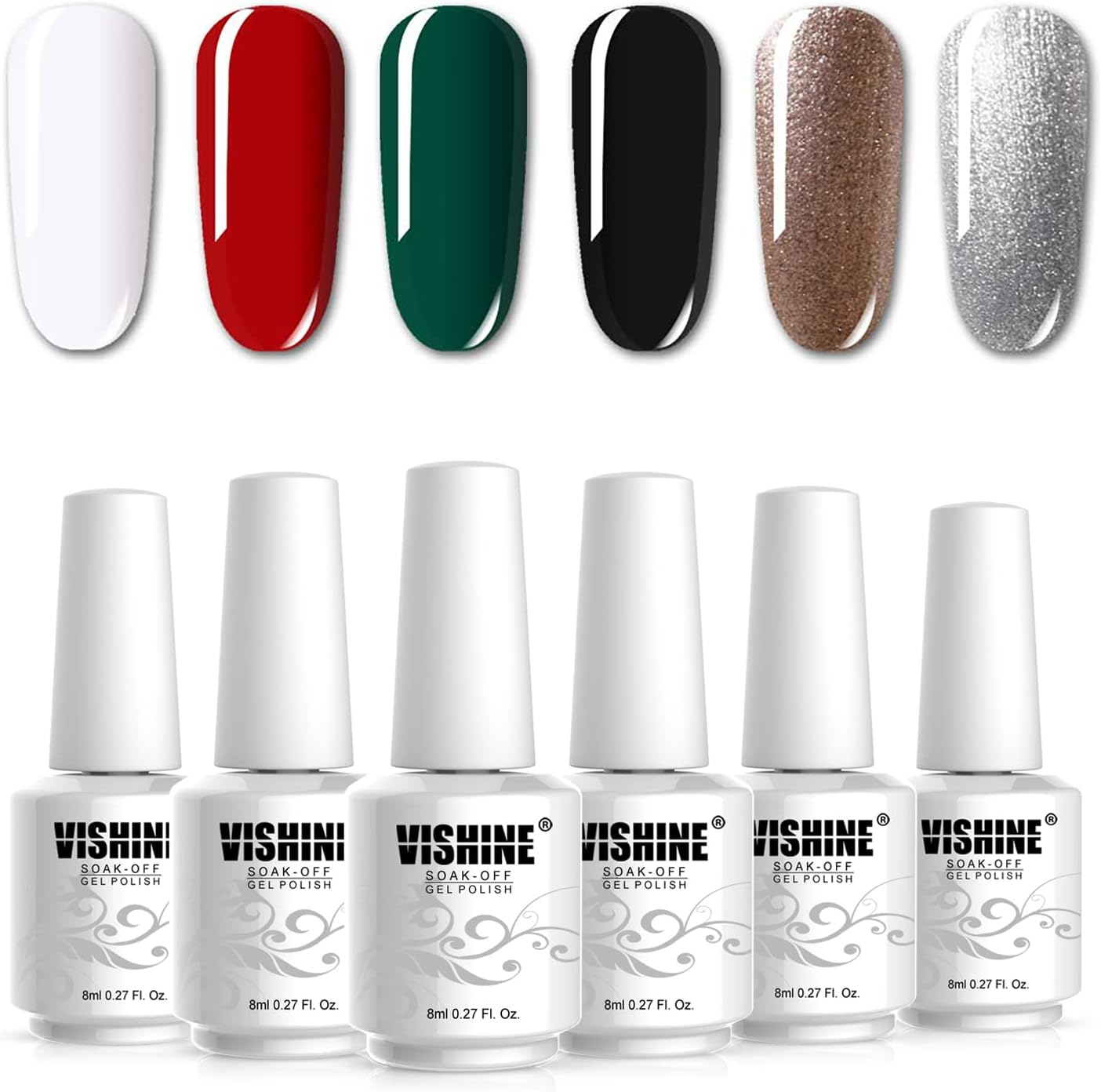 Vishine Christmas Special Edition Series 6 Colors Gel Nail Polish Gift Set (Snow White, Bright Red, Forest Green, Black, Pearl Champagne, Pearl Silver) - Starter Nail Art Kit 8Ml image number 3