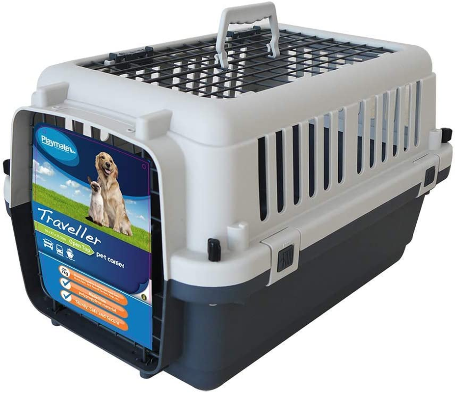 Playmate Small Dog Breed Open Top Air Traveler Pet Carrier, White & Grey, 56 X 37 X 37Cm, Safe Travel, Airplane & Car Compatible