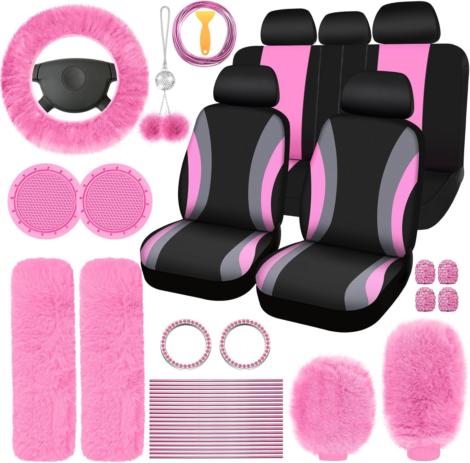 ROCEEI 43 Pcs Pink and Black Car Seat Cover Full Set for Women Christmas Fuzzy Car Accessories Fluffy Steering Wheel Cover Front Rear & Belt Handbrake Shift Accessory for Winter - Grass Green image number 2