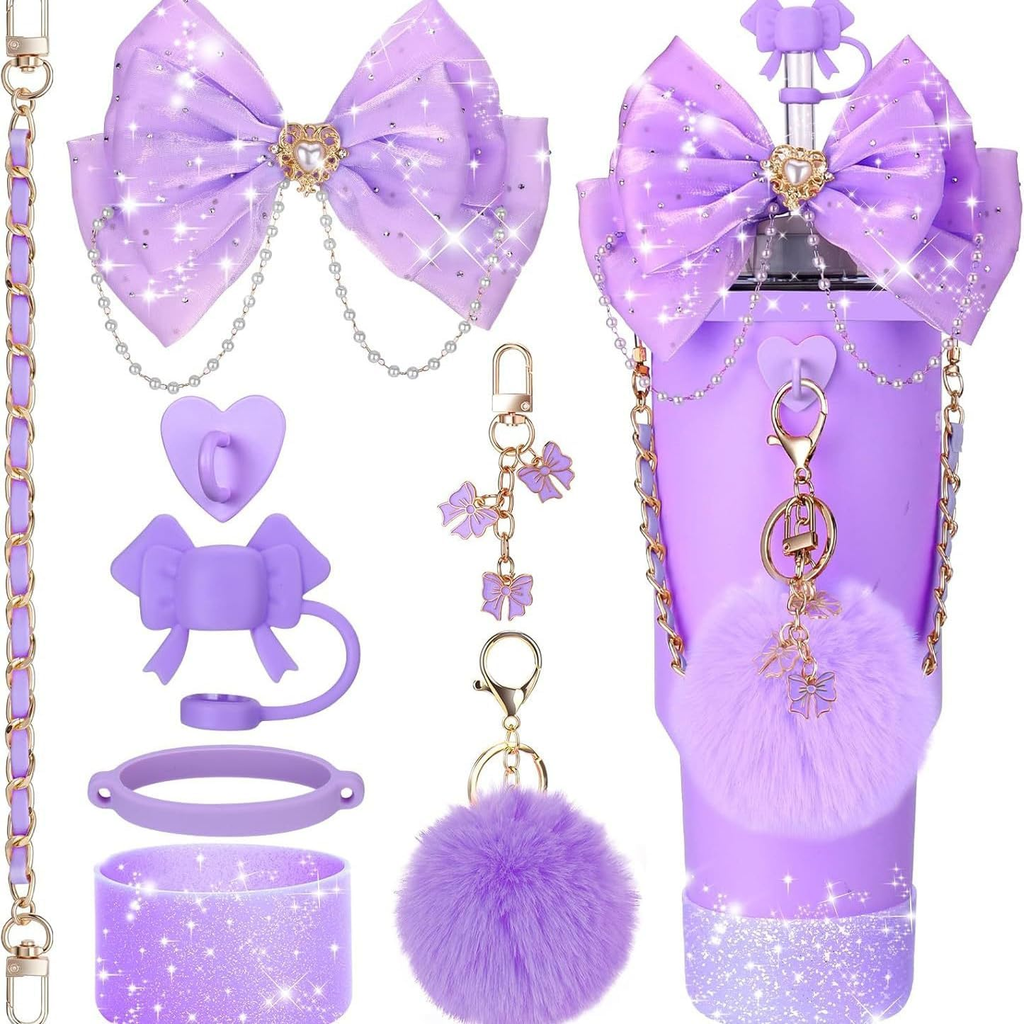 Bling Cup Accessories for Stanley Cup - Fits 20Oz, 30Oz & 40Oz Tumblers with Handle, Includes Bow Straw Topper, Decorative Straw Bow, Leather Handle Strap & Boot (Pink)