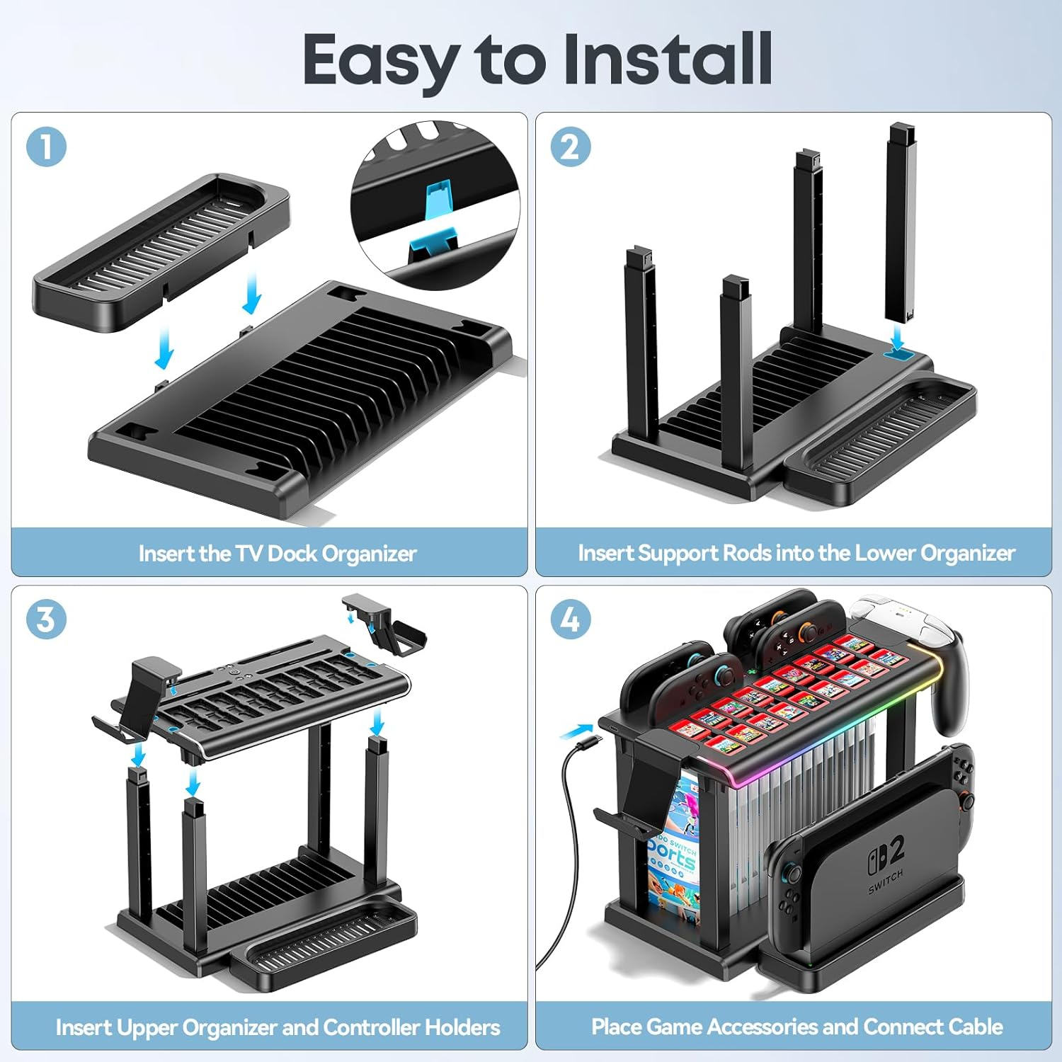 Gersker Switch 2 Organizer Station with Controller Charger Dock Compatible with Switch 2 Joycon, Switch 2 Storage Stand Holds TV Dock, 16 Game Cases, 18 Game Cards, and 2 Pro Controllers image number 4
