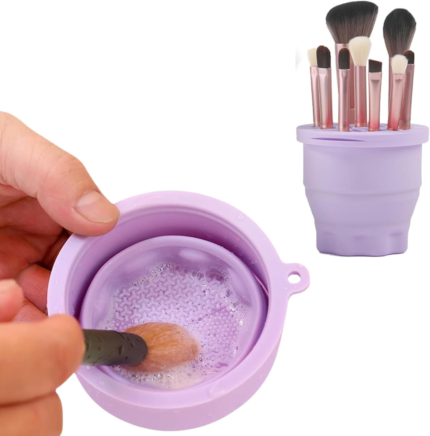 3-IN-1 Silicone Makeup Brush Cleaner & Holder - Portable Folding Washing Tool,Travel-Friendly Brush Cleaner Mat for Brushes,Sponge,Powder Puff - Cosmetic Brush Cleaning & Drying Organizer-Purple