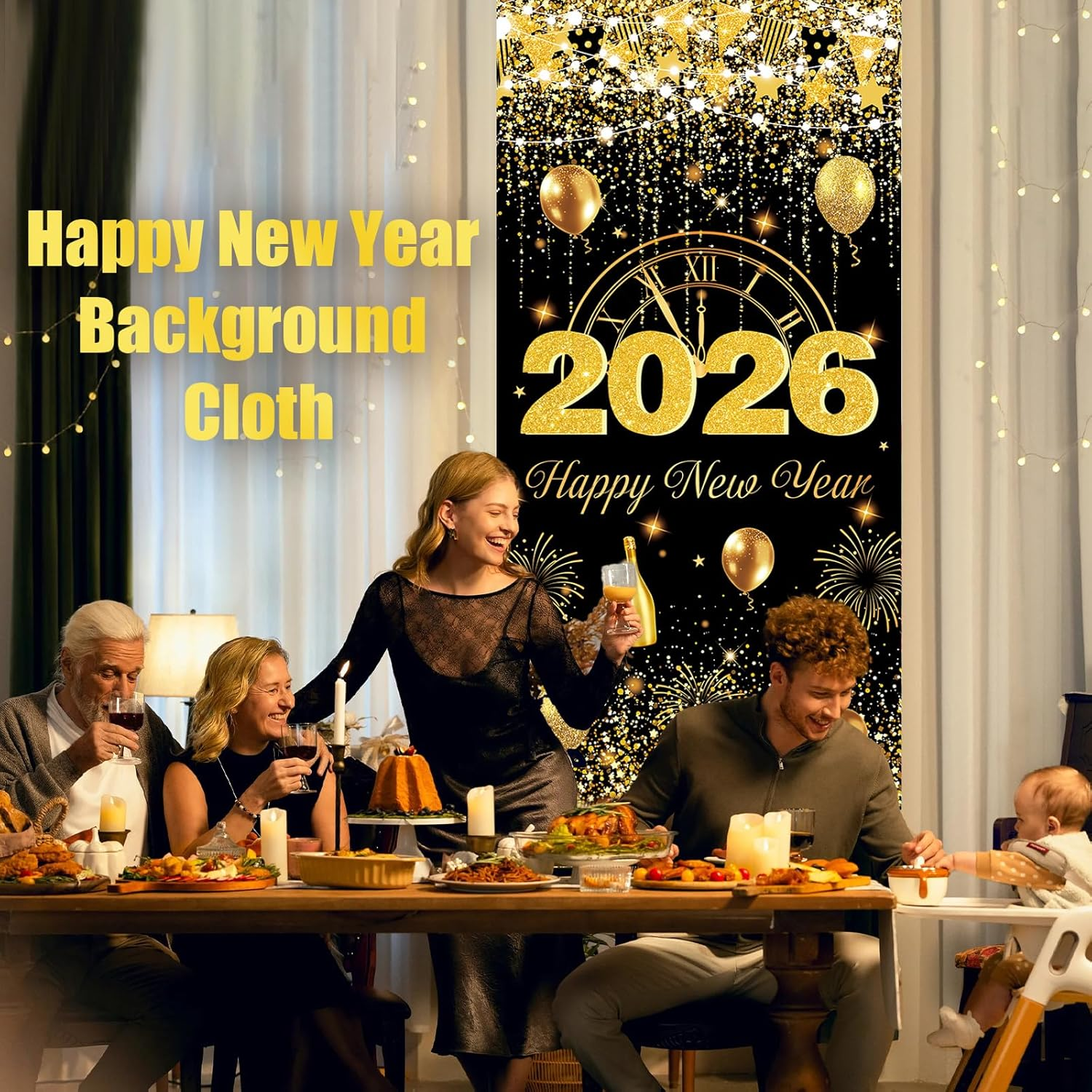 Bicuces Happy New Year Door Cover New Years Eve Party Supplies Welcome Banner for 2026 New Year Photo Banner Hanging Photography Background NYE Door Banner for Happy New Year Decorations 2026 image number 1