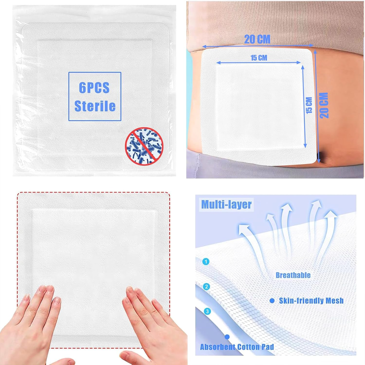 Large Breathable Wound Dressings Pads,Sterile Individually Wrapped Dressing Patches, Non-Stick Wound Care for Burns, Ulcers,Post-Surgery,20X20Cm, 6Pack image number 6