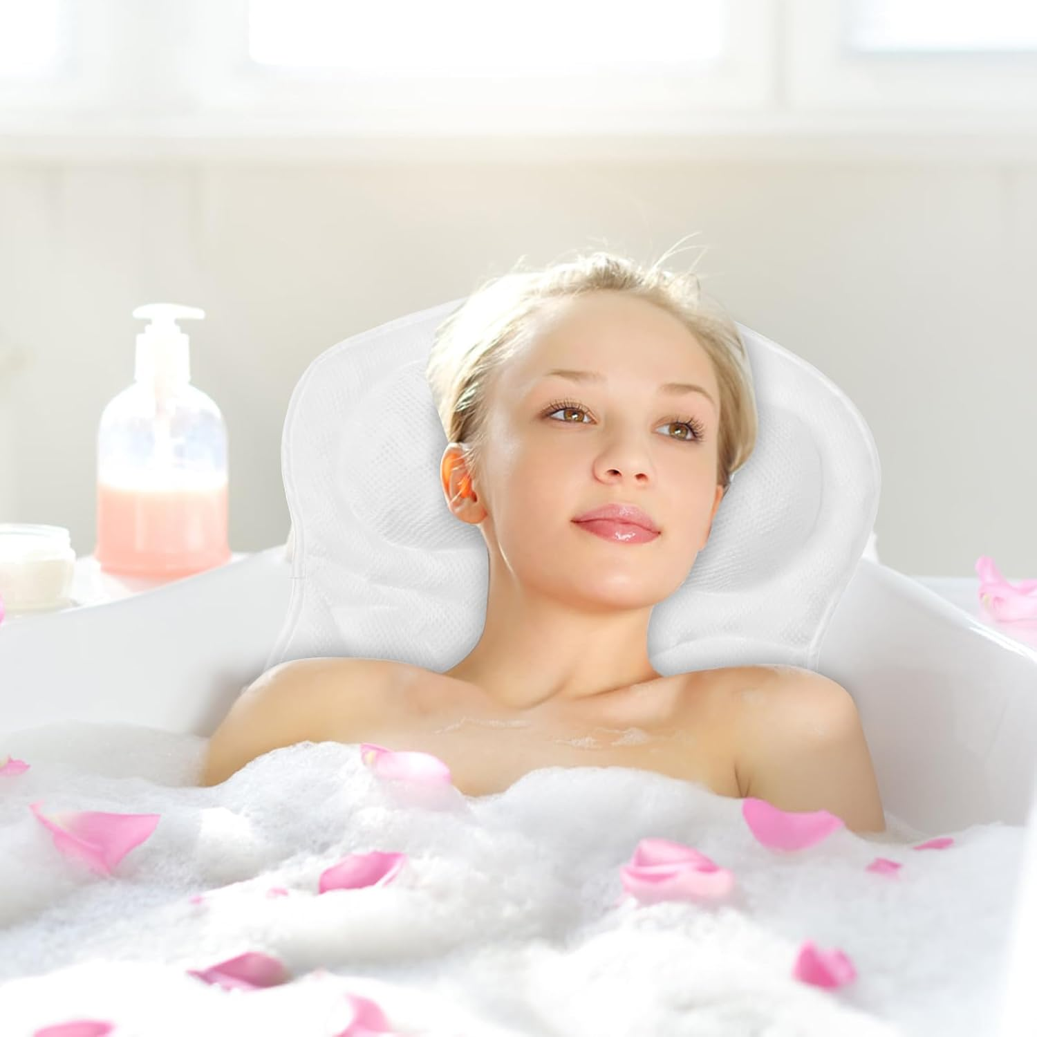 Awobepl Ergonomic Bath Pillow Breathable Air Mesh Bathtub Pillow with 6 Suction Cup and Hook Practical Bathroom Accessories for Neck and Back Support (White) - Black image number 6