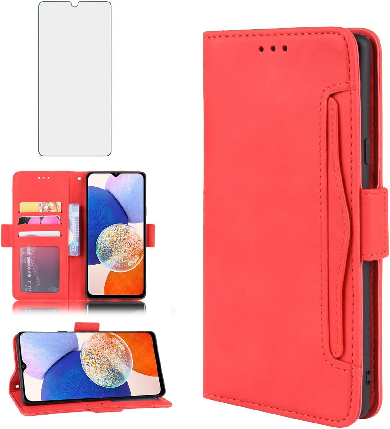 Asuwish Compatible with Samsung Galaxy A14 5G Wallet Case and Tempered Glass Screen Protector Card Holder Stand Leather Flip Cell Accessories Phone Cover for Gaxaly a 14 2023 14A Women Men Red image number 2