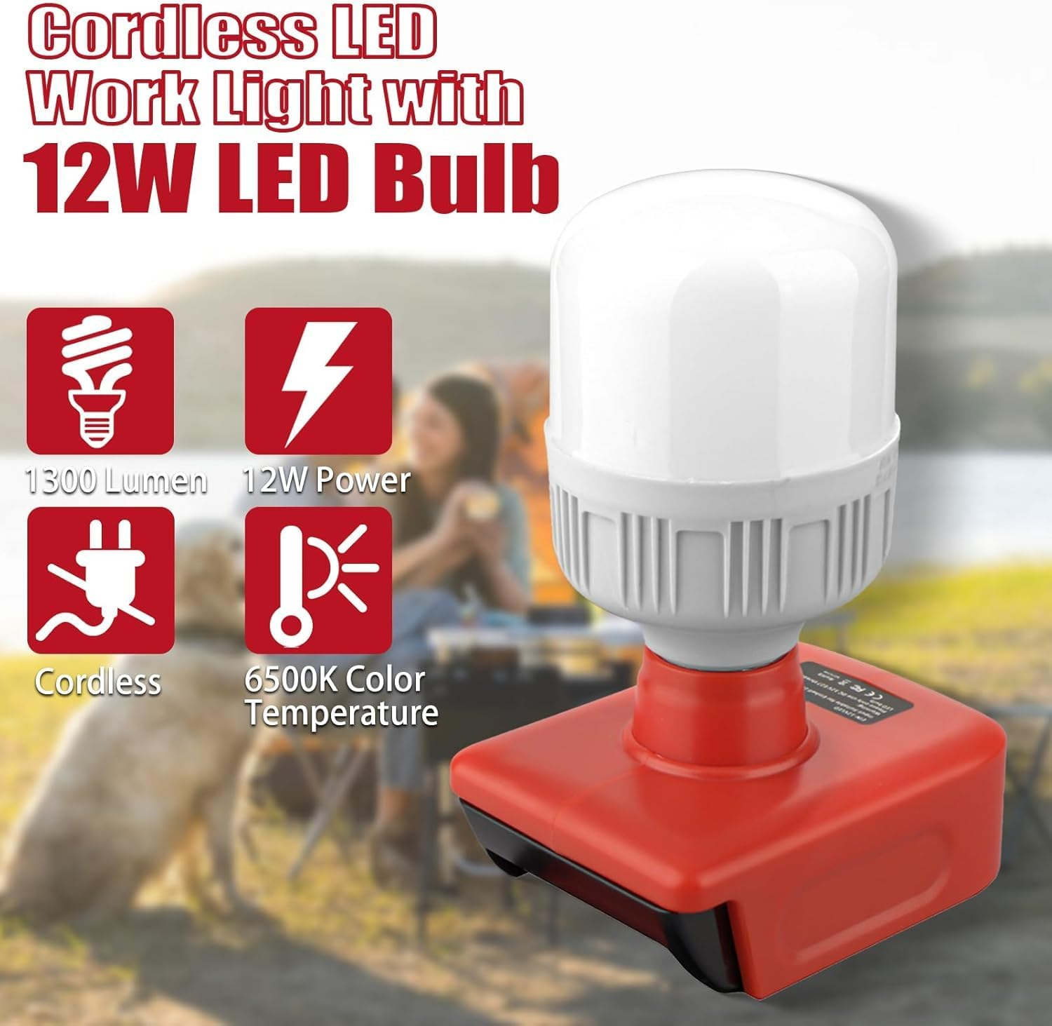 LED Work Light for Einhell Power X-Change 18V Battery,12W LED Spotlight with E27 Bulbs 350-1300Lm Adjustable Brightness for Outdoor Use, for Camping, Car Repairing, Emergency and Job Site Lighting image number 3