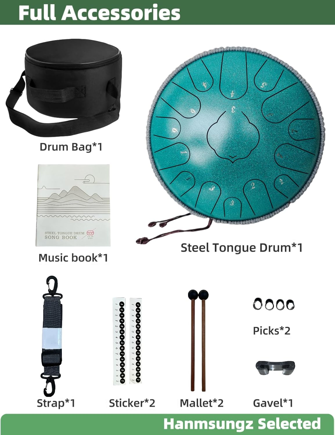 Steel Tongue Drum12.5 Inch 15 Note Handpan Percussion Instrument (Green) image number 1