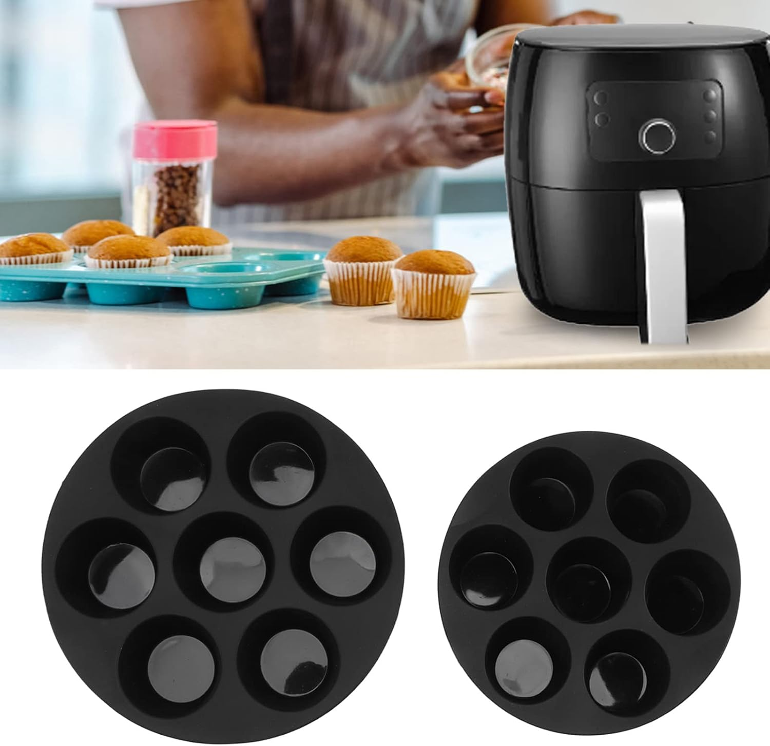 Muffin Pan, Set of 3 Flexible Silicone Muffin Pan Cupcake Tray, 7 Cup Baking Pan Air Fryer Accessories, 2 Sizes Nonstick Brownie Cake, Dishwasher Safe, (7In + 8In + Brush) image number 6